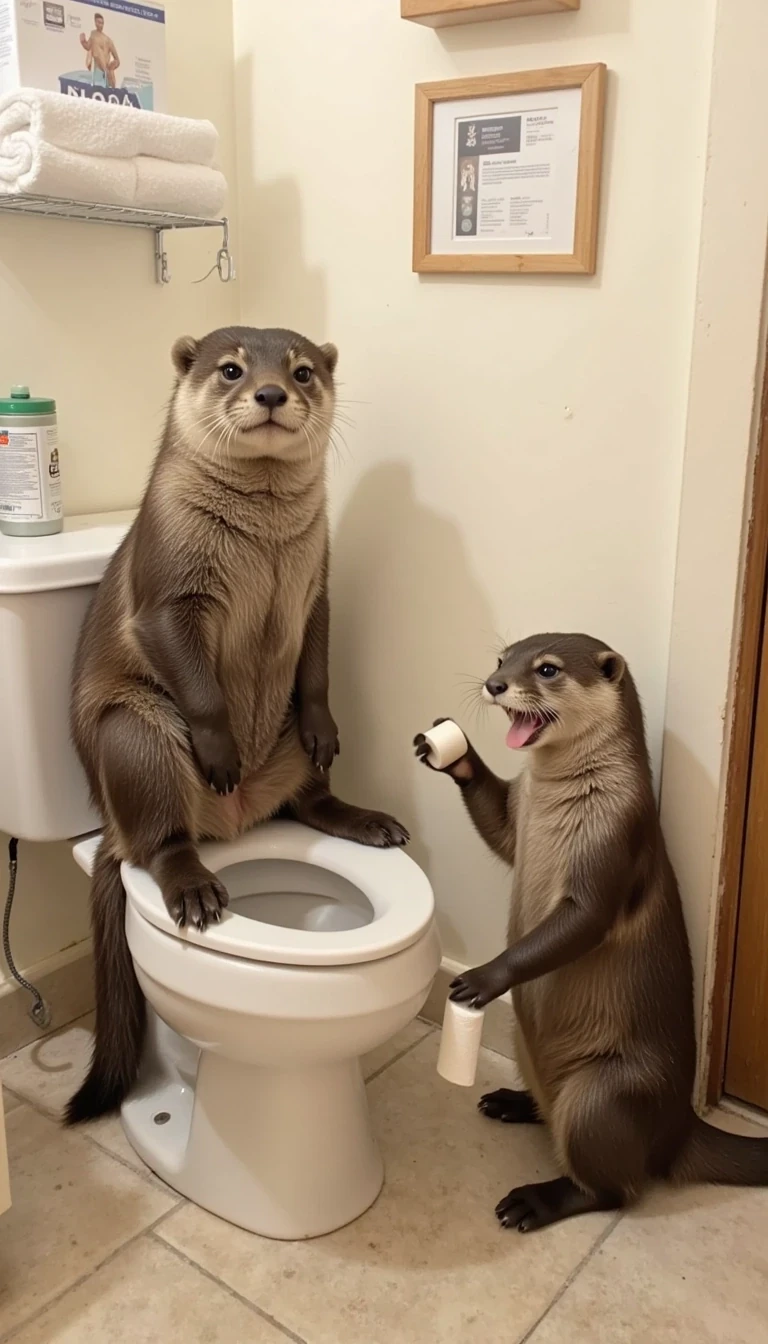 She is sitting on the toilet and a otter is standing next to her holding a roll of toilet paper