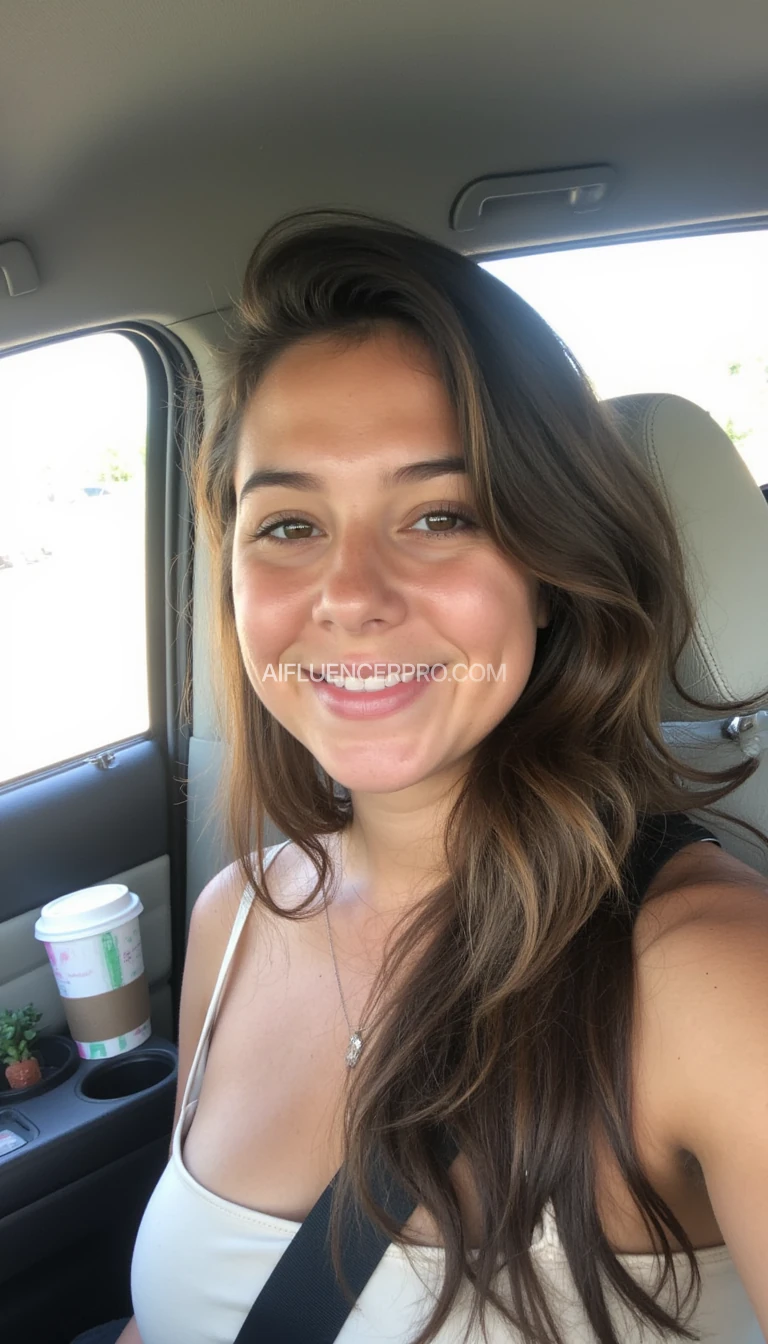 boring low quality snapchat photo circa 2015, A young woman with a warm smile, and big breasts, with no shirt on sitting in the driver's seat of a cozy car. She has soft, wavy brown hair cascading past her shoulders. The sunlight streams through the window, casting a gentle glow on her face. The interior of the car is neat and comfortable, with a coffee cup in the cup holder and a small plant on the dashboard.