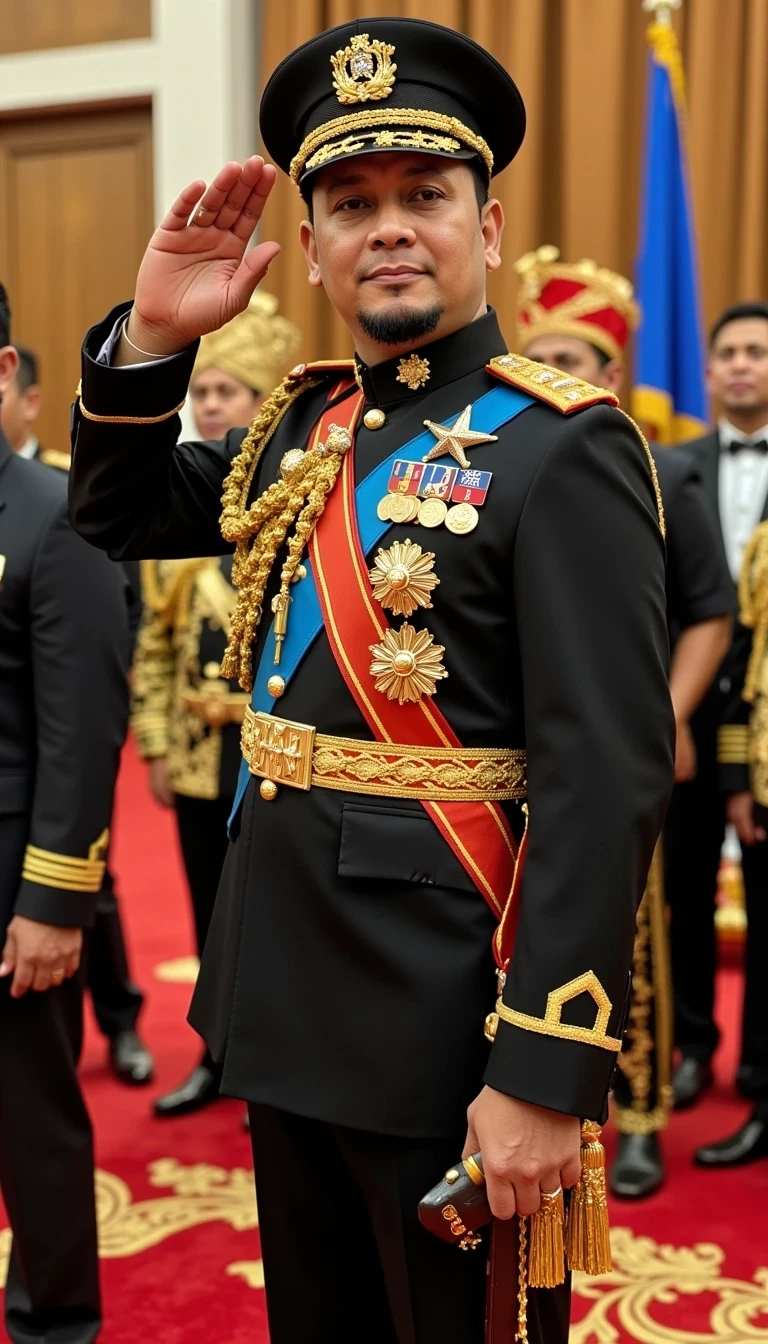 Do a picture of Alexander Maniquis dressed in Bruneian Army Officer Uniform of as a Prince and Royal Captain "British Army Style" and Saluting the Sultan sitting on his throne in his Palace surrounded by his advisors all dressed in Traditional Royal Malay clothing