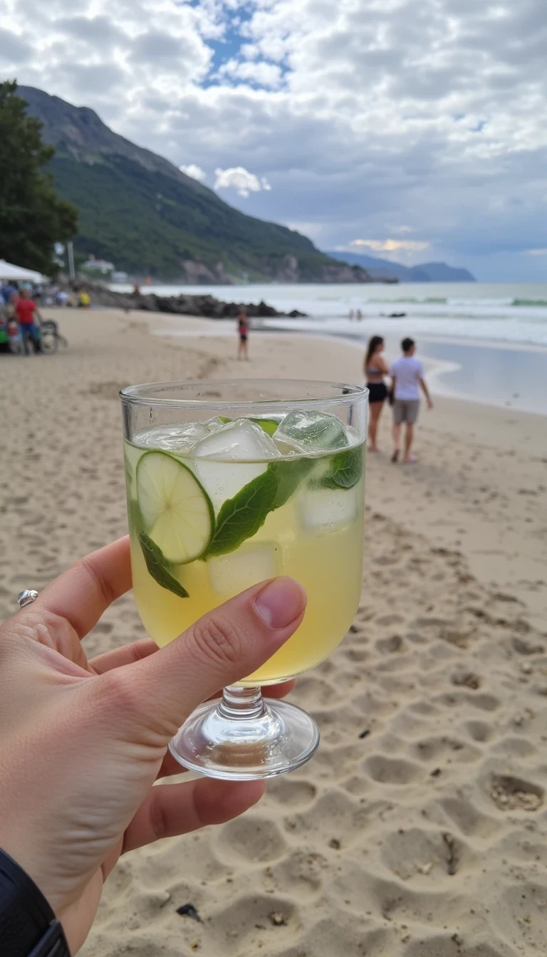 CSTMDL on beach drinking mojito
