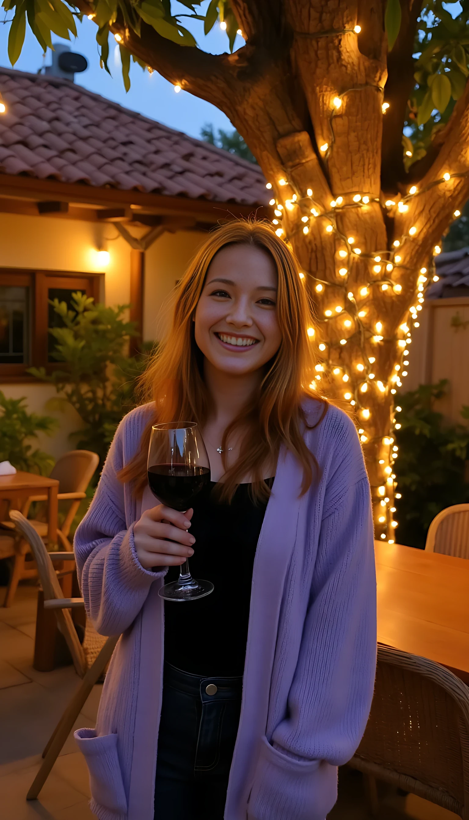 A full body shot photo of a woman standing outdoors at a cozy, warmly lit patio in the evening, with soft, glowing lights wrapped around a tree behind them creating a charming atmosphere. The image is rich in detail, with warm tones and clear textures throughout. The woman has fair skin, a slim build, and long reddish-blonde hair, also worn loose. She is smiling warmly at the camera, holding a glass of red wine in her right hand, and wears a soft-textured lavender cardigan over a black top. The background features a large tree with sparkling string lights wrapped around its trunk and branches, adding a magical touch to the scene. The setting suggests a private outdoor seating area, with elements like terracotta-tiled roofing, greenery, and rattan chairs contributing to a serene, inviting vibe. The overall composition is balanced, with the woman framed against the softly glowing tree, and the lighting enhances the warm, intimate feel of a quiet evening shared among friends. The details are vivid, with textures of clothing, skin, and background elements clearly visible, while the warm lighting creates a relaxed and joyful mood