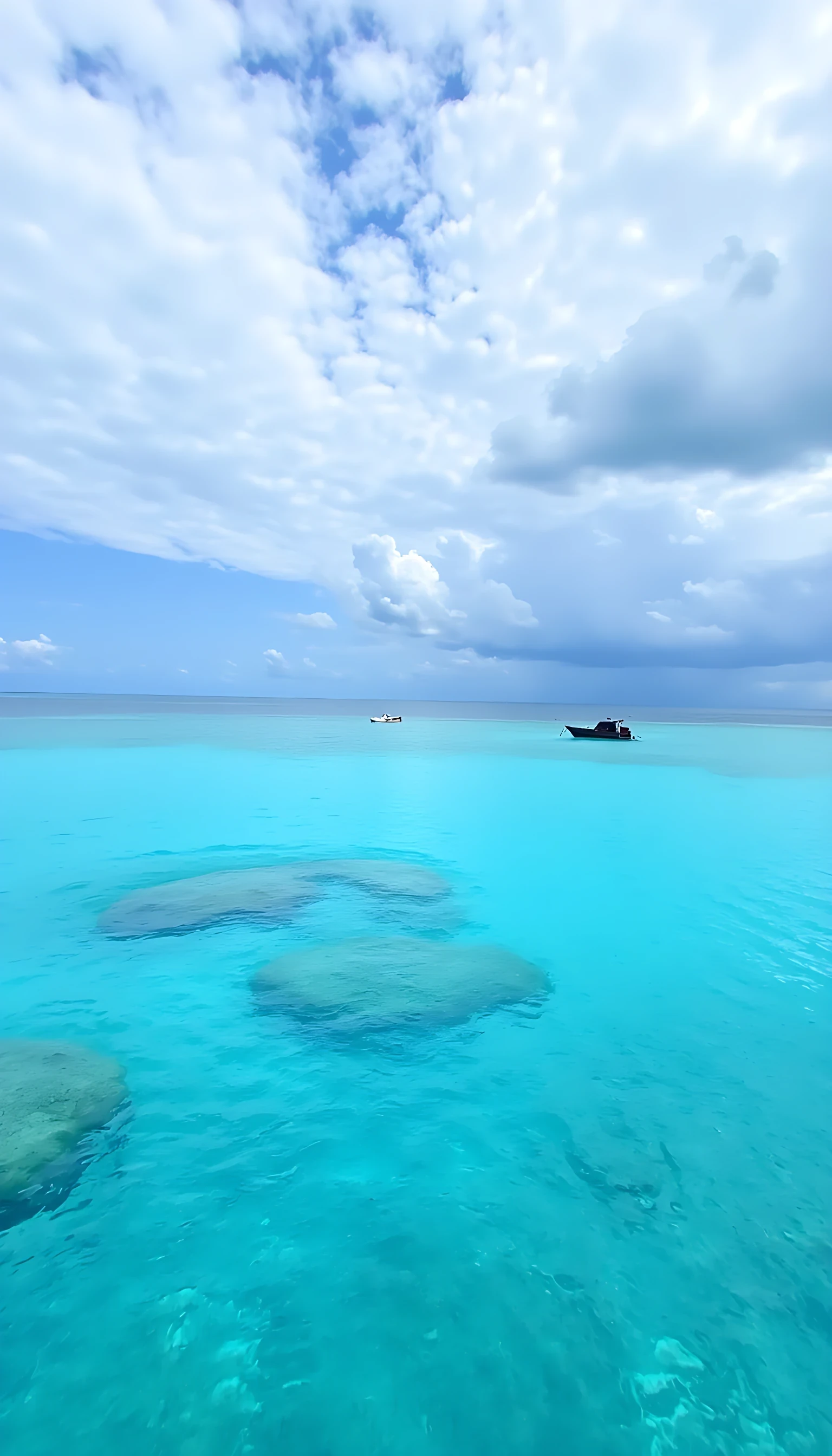 The image shows a beautiful blue ocean with two small boats in the distance. The sky is filled with white, fluffy clouds that are scattered across the horizon. The water is a deep turquoise color and the boats are small and black. The boats appear to be sailing on the water, with one boat in the foreground and the other in the background. The overall mood of the image is peaceful and serene.