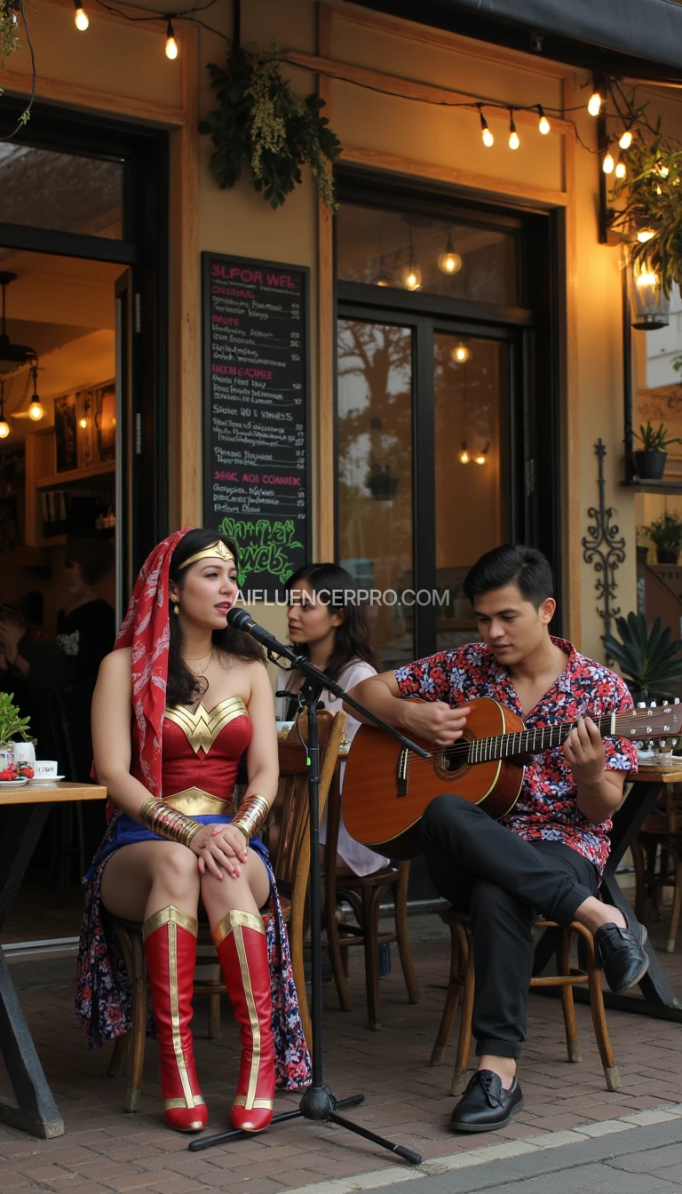 Photorealistic image of Wonder Woman wearing her iconic suit combined with a hijab and batik sarong, sitting on a comfortable café chair while singing softly and emotionally into a microphone. Next to her, her handsome boyfriend, wearing batik and black trousers, was playing the guitar. You can see the words "Super Web" displayed on a chalkboard menu behind them. The backdrop is a cozy outdoor café with stylish wooden furniture, warm string lights, and people casually chatting and enjoying coffee, creating a relaxed and contemporary atmosphere.