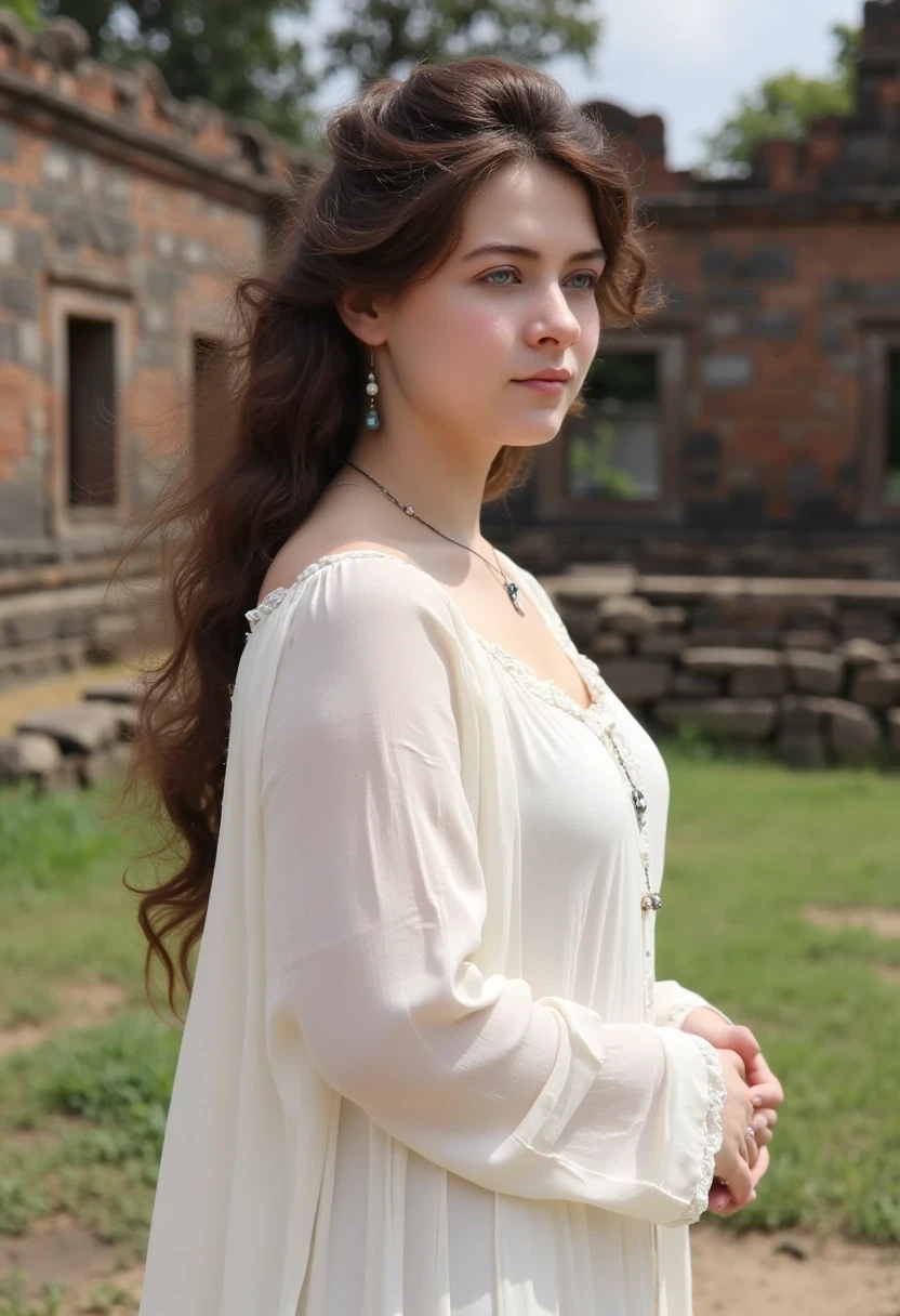 woman CSTMDL, photo ((medium)), brunette, blue eyes, cold smile, 1900 covering white dress, small pendant, tied hair, big breast, thin waist, cambodian khmer ruins in background