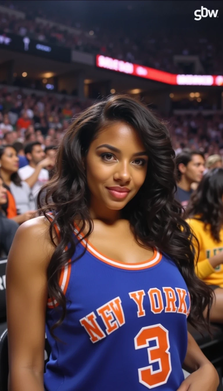 Create a half body photorealistic image of a stunning dark-skinned woman in her mid-20s, styled as a low-quality Snapchat-style selfie labeled CSTMDL, taken while sitting in the bleachers at madison square garen during a knicks vs. celtics game. The photo should have a casual, unfiltered look — slightly grainy and soft-focused, mimicking a real phone camera shot. In the background, there’s a packed crowd of fans wearing knicks and celtic jerseys, adding to the energetic, game-day atmosphere.

The woman has a rich brown complexion, deep brown almond-shaped eyes, and long, wavy black hair flowing past her shoulders. Her figure is curvy, with full hips, a large butt, and a full chest. She’s wearing a new york nicks basketball jersey, wearing a new york knicks hat, and her nails and toes feature a crisp white French manicure/pedicure.

Emphasize a realistic selfie angle, stadium lighting, and the authentic feel of a Snapchat moment captured during a live NFL game.