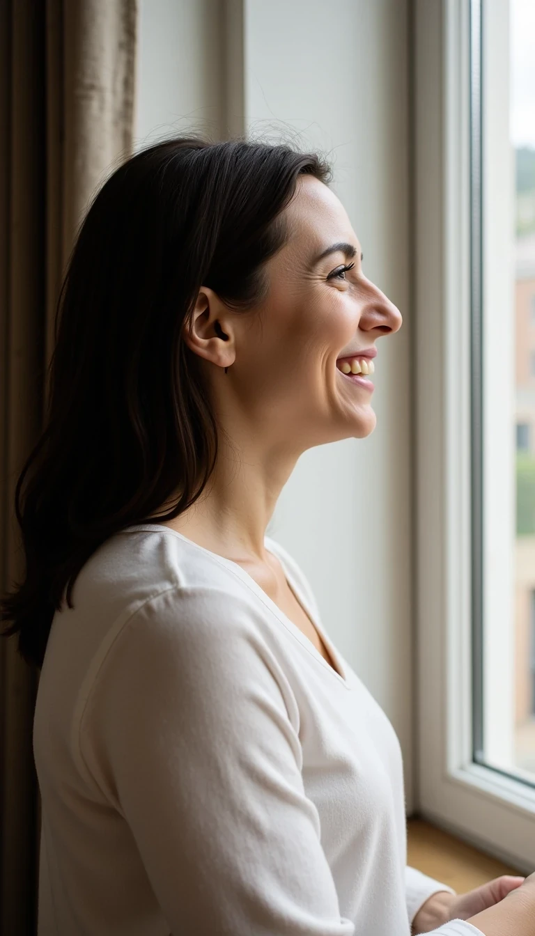 Side profile of woman laughing while on a phone call, standing by window with natural light, hair tucked behind one ear, CSTMDL woman