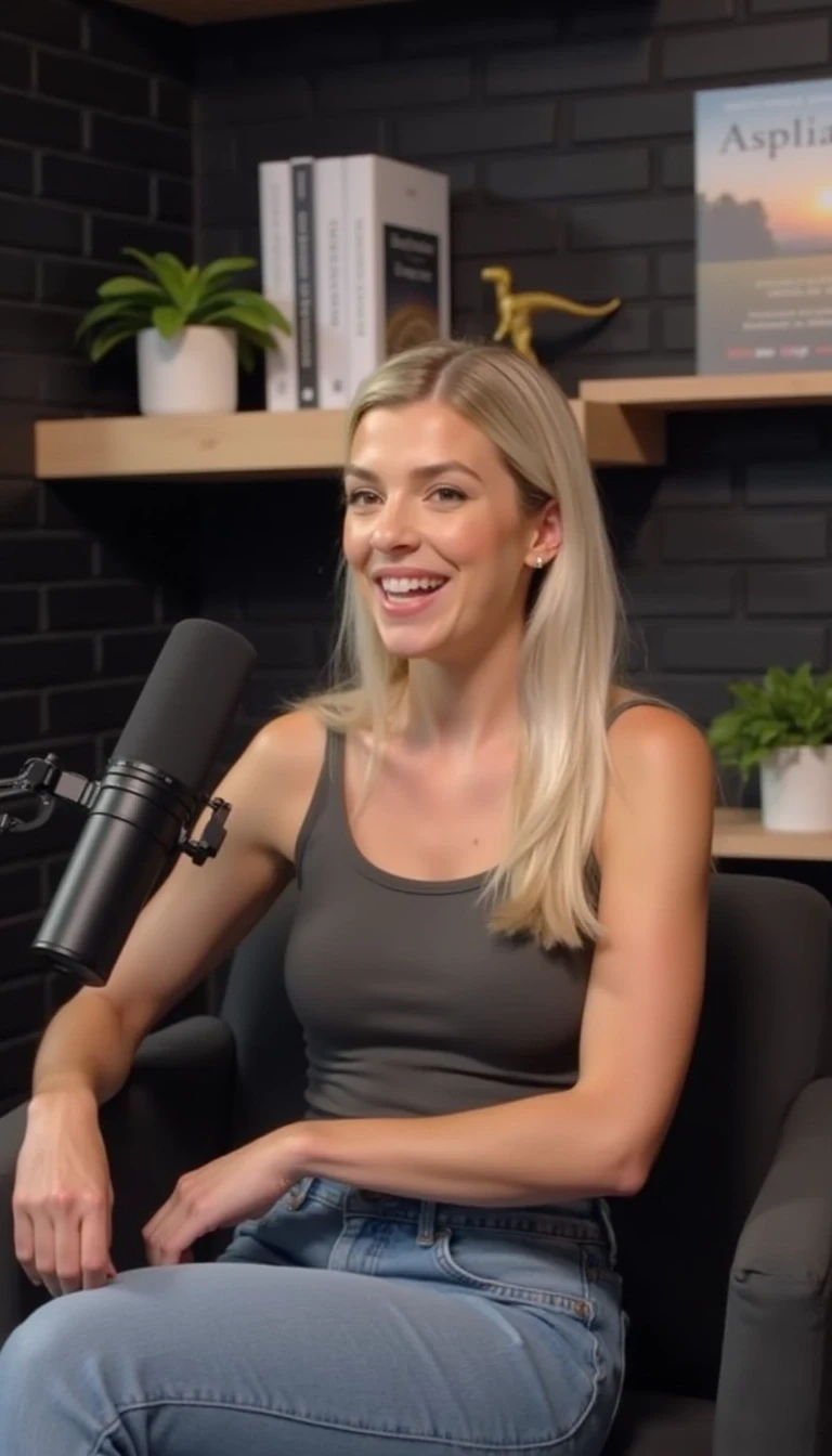 A woman with blonde hair pulled back, is speaking into a microphone. The background features a dark brick wall and a shelf with books and decorative items, including a small dinosaur figure and a picture of a serene landscape on a book cover. The setting appears to be a cozy, modern podcast studio with soft lighting. She is wearing a denim jeans and a small tank top. You can see her full body as she sits in a chair. You can see her full body in the photo. She is posing for the camera.