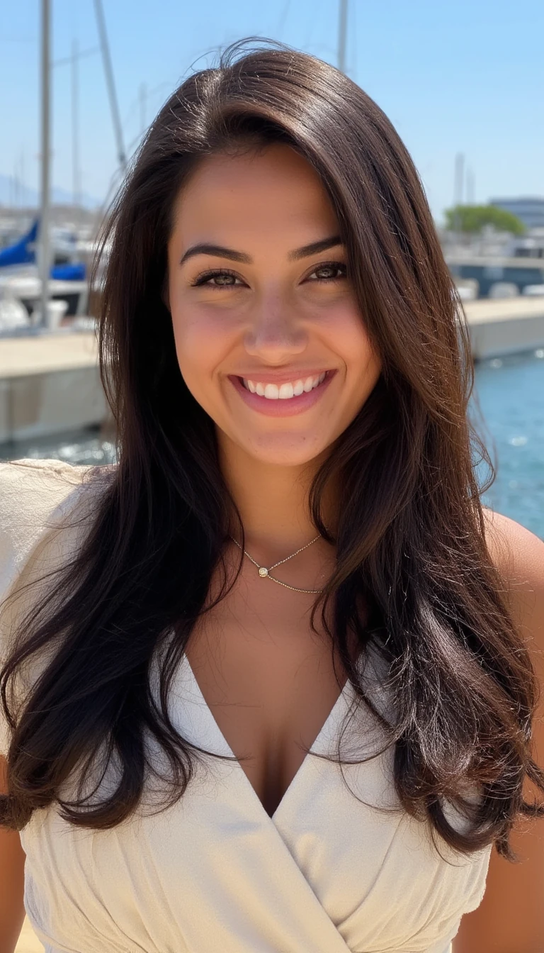 A strikingly beautiful young woman with a warm smile, outside in the sunshine. She has long, wavy dark brown hair cascading to her middle, she has tanned skin. The sunlight casts a gentle glow on her face. She is wearing an elegant cream outfit with a gold necklace. The background shows a marina and blue skies.