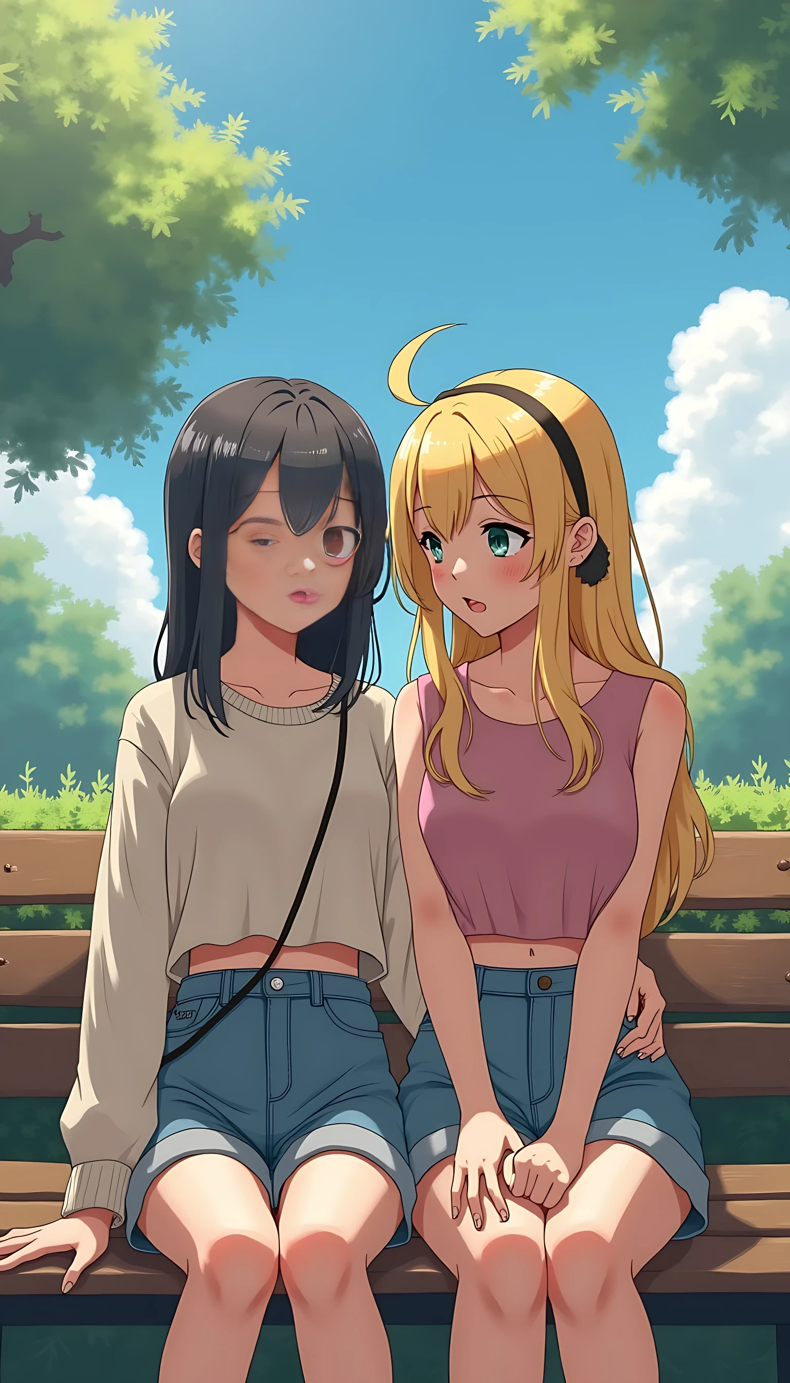 Two friends on bench. One is korean and wearing crop sweater and shorts other is woman with highlighted hairs and wearing top tank with one shoulder drop and blue short. 