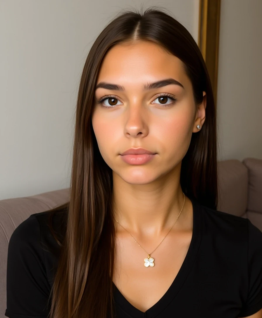 picture of a CSTMDL
Big tits. Large ass. No hip dips. Fit. Wide hips.
She is an 18-year-old girl with long, smooth, medium-dark brown hair (straight to slightly wavy), parted near the center. Her eyes are large, almond-shaped, and warm brown with full lashes and arched brows. She has an hourglass figure: height ~64 in, bust 36 in (28 in underbust), waist 24 in, hips 39 in. Bust is full and projected, waist narrow and flat, hips broad and rounded with lifted glutes. Thighs are full (~24 in), tapering to proportional calves. Arms are slim (~9 in upper arm), shoulders softly broad and balanced with hips. Neck medium, torso compact with a narrow ribcage, legs long relative to torso. Posture upright with mild anterior pelvic tilt. Skin is smooth, lightly tanned, and even-toned.
Scene/Background:
The image is taken indoors in a softly lit modern interior. Behind the subject, there’s a section of veined marble and brass-toned furniture, adding an elegant, refined backdrop. The neutral tones of the setting keep the focus on the subject.

Pose & Camera Angle:
The photo is a close-up portrait, framed from the chest upward. The subject leans slightly back into a cushioned seat, looking directly into the camera with a playful pout. The relaxed angle emphasizes her facial features while keeping the mood casual.

Outfit & Accessories:
She is wearing a black top, simple and fitted. Accessories include bold gold hoop earrings, paired with a delicate gold necklace featuring a clover-shaped pendant with a pale, pearly finish. The jewelry pieces add a polished contrast against the darker outfit.

Lighting:
Natural daylight softens the scene, highlighting her skin with a warm glow. The light reflects subtly off the gold jewelry, adding shine, while gentle shadows under the chin and neckline create dimension.

Mood/Vibe:
The mood is playful yet chic. The casual expression and direct camera engagement feel candid and relaxed, while the gold accessories and dark top elevate the look with a touch of sophistication. The photo balances authenticity with a subtle editorial polish.