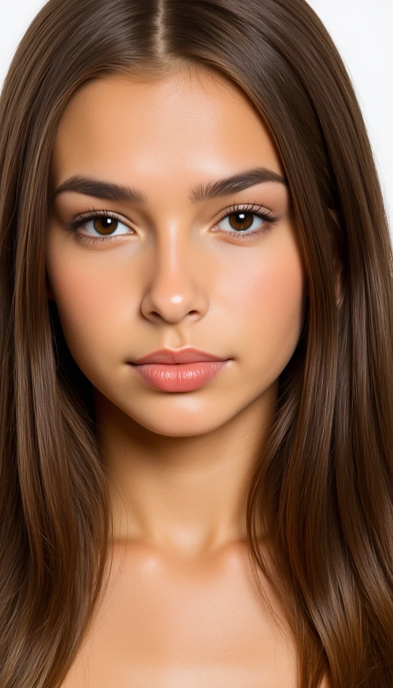 Close-up portrait of CSTMDL
Body type and measurements:
She is an 18 years old girl. Her hair is long, reaching below the shoulders, with a straight to very slightly wavy texture. It has a healthy, smooth appearance with natural shine and volume. The color is medium to dark brown with subtle warm undertones, and the strands appear moderately thick and uniform in density. The hair is parted slightly off-center or middle in most images, framing the face symmetrically. Eyes are large, almond-shaped, and widely spaced. The irises appear medium to dark brown with a warm, slightly amber tone under natural lighting. Eyelids have a soft natural crease, and the eye area is framed by full, dark lashes and naturally arched brows of medium thickness, which complement the overall symmetry of the face. She has an hourglass figure. Height approximately 64 inches. Bust is full, round, and projected, with an estimated circumference of 36 inches and moderate projection from the chest wall. Underbust estimated at 28 inches, giving a bust-to-waist contrast of about 7 inches. Waist is narrow, strongly cinched, and flat, estimated 24 inches, with a pronounced curve into the hips. Hips are broad and rounded, estimated at 39 inches, with high hip bones and a strong waist-to-hip ratio. Gluteal region is prominent, lifted, and firm, with well-developed curvature extending outward and downward. Thighs are thick and full, estimated at 24 inches at the widest point, with a slight taper toward the knees. Calves are not visible in all photos, but appear balanced with thigh proportions. Abdomen is flat with a bit of fat. Arms are slim with soft definition, estimated upper arm circumference around 9 inches. Shoulders are slightly broad and rounded, creating symmetry with hip width; clavicle line is soft and horizontal. Neck is medium-length and proportionate. Torso is short to medium in vertical length, with the distance from underbust to waist appearing compact. Ribcage is slightly narrow. Legs are long relative to torso, contributing to an elongated lower-body visual impression. Posture appears upright and relaxed, with natural spinal curvature and mild anterior pelvic tilt. Skin surface is smooth and even-toned and lightly tanned.

Scene/Background
The backdrop is a soft white fabric, gently draped to create natural folds and texture. This neutral and minimal setup enhances the clarity and elegance of the portrait, allowing the subject to be the sole focus. The overall mood is clean, intimate, and subtly ethereal—like a quiet morning light spilling through sheer curtains.

Pose/Expression
The subject’s head tilts slightly forward and to the side, subtly engaging the viewer with a relaxed, almost contemplative gaze. Her expression is serene and self-assured, exuding confidence without effort. The softness of her features and the directness of her eyes balance strength with warmth.

Styling
Her makeup is understated and flawless—emphasizing natural beauty with a matte complexion, feathered brows, and nude-pink lips. Her hair cascades in voluminous waves, with a gentle, polished texture that frames her face gracefully. The simplicity of the styling elevates the portrait’s timeless quality.

Lighting
Bright, diffused natural light washes across the subject’s face, creating gentle highlights and low-contrast shadows. The effect is soft and flattering, eliminating harsh lines while enhancing her skin’s glow and the rich tones in her hair. The lighting contributes to an editorial aesthetic that feels both modern and timeless.

Vibe
This image is effortlessly chic and quietly powerful. It could easily belong in a beauty campaign, a minimalist fashion feature, or a model portfolio. The overall tone is poised, natural, and subtly sensual—perfect for editorial contexts that aim to blend intimacy with polish.