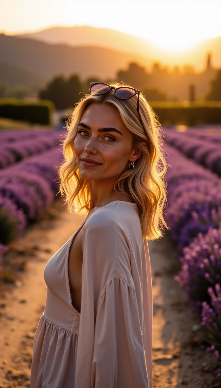 CSTMDL Mia. A fair-skinned young woman in her 20s with a balayage blonde wavy hair and an athletic, feminine build, breast c-cup. She walks slowly along a dusty country path at sunset in the Tuscan countryside. On both sides of the path, vibrant lavender fields in full bloom stretch into the distance, glowing purple in the golden light. A pair of black sunglasses rests casually in her hair. She wears a loose, open, summery blouse that moves gently in the breeze. She looks toward the camera with a soft, genuine smile. The atmosphere is warm, romantic, and serene, filled with the colors of sunset and lavender.