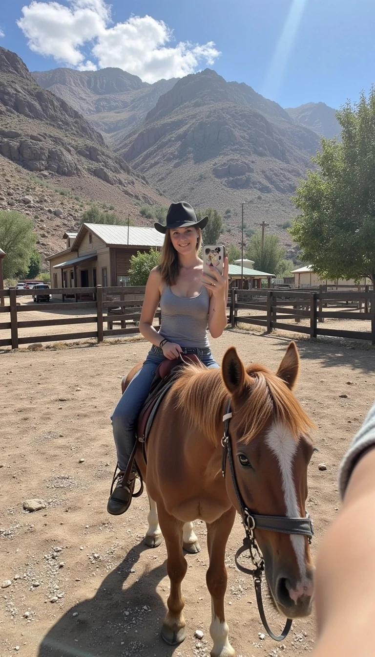 Woman taking a selfie while riding a horse
