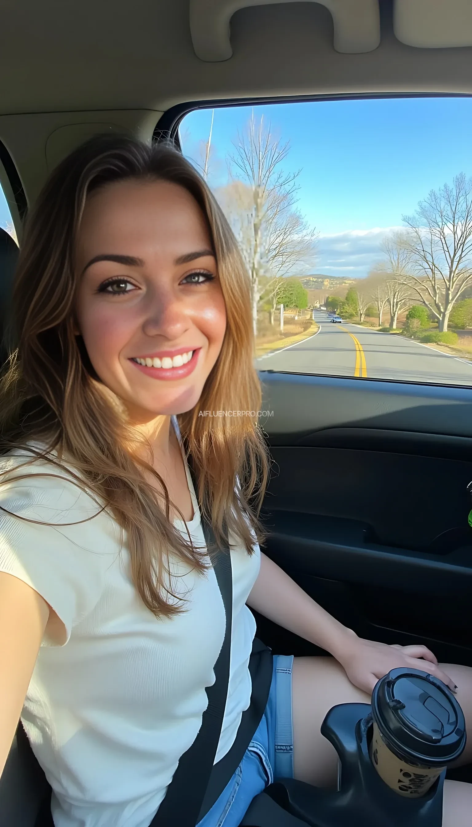 boring low quality snapchat photo circa 2015, A young woman with a warm smile, sitting in the driver's seat of a cozy car. She has soft, wavy brown hair cascading past her shoulders. The sunlight streams through the window, casting a gentle glow on her face. The interior of the car is neat and comfortable, with a coffee cup in the cup holder and a small plant on the dashboard. The background outside the window shows a scenic road lined with trees and blue skies