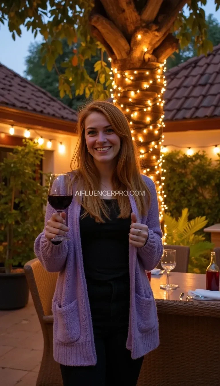 A full body shot photo of a woman standing outdoors at a cozy, warmly lit patio in the evening, with soft, glowing lights wrapped around a tree behind them creating a charming atmosphere. The image is rich in detail, with warm tones and clear textures throughout. The woman has fair skin, a slim build, and long reddish-blonde hair, also worn loose. She is smiling warmly at the camera, holding a glass of red wine in her right hand, and wears a soft-textured lavender cardigan over a black top. The background features a large tree with sparkling string lights wrapped around its trunk and branches, adding a magical touch to the scene. The setting suggests a private outdoor seating area, with elements like terracotta-tiled roofing, greenery, and rattan chairs contributing to a serene, inviting vibe. The overall composition is balanced, with the woman framed against the softly glowing tree, and the lighting enhances the warm, intimate feel of a quiet evening shared among friends. The details are vivid, with textures of clothing, skin, and background elements clearly visible, while the warm lighting creates a relaxed and joyful mood