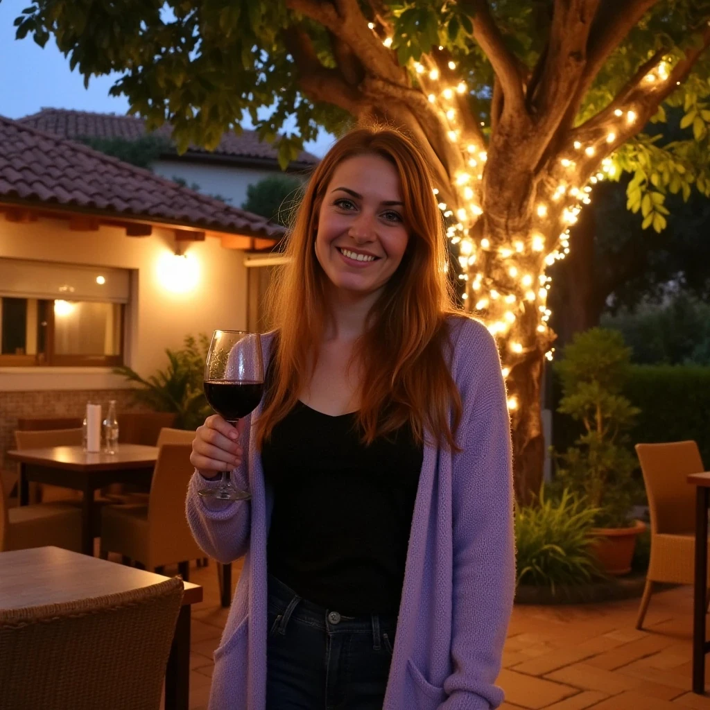 A full body shot photo of a woman standing outdoors at a cozy, warmly lit patio in the evening, with soft, glowing lights wrapped around a tree behind them creating a charming atmosphere. The image is rich in detail, with warm tones and clear textures throughout. The woman has fair skin, a slim build, and long reddish-blonde hair, also worn loose. She is smiling warmly at the camera, holding a glass of red wine in her right hand, and wears a soft-textured lavender cardigan over a black top. The background features a large tree with sparkling string lights wrapped around its trunk and branches, adding a magical touch to the scene. The setting suggests a private outdoor seating area, with elements like terracotta-tiled roofing, greenery, and rattan chairs contributing to a serene, inviting vibe. The overall composition is balanced, with the woman framed against the softly glowing tree, and the lighting enhances the warm, intimate feel of a quiet evening shared among friends. The details are vivid, with textures of clothing, skin, and background elements clearly visible, while the warm lighting creates a relaxed and joyful mood