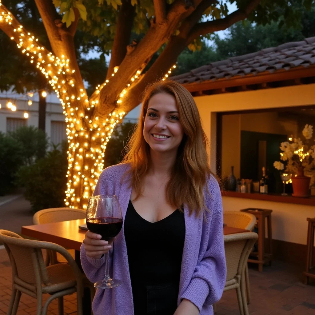A full body shot photo of a woman standing outdoors at a cozy, warmly lit patio in the evening, with soft, glowing lights wrapped around a tree behind them creating a charming atmosphere. The image is rich in detail, with warm tones and clear textures throughout. The woman has fair skin, a slim build, and long reddish-blonde hair, also worn loose. She is smiling warmly at the camera, holding a glass of red wine in her right hand, and wears a soft-textured lavender cardigan over a black top. The background features a large tree with sparkling string lights wrapped around its trunk and branches, adding a magical touch to the scene. The setting suggests a private outdoor seating area, with elements like terracotta-tiled roofing, greenery, and rattan chairs contributing to a serene, inviting vibe. The overall composition is balanced, with the woman framed against the softly glowing tree, and the lighting enhances the warm, intimate feel of a quiet evening shared among friends. The details are vivid, with textures of clothing, skin, and background elements clearly visible, while the warm lighting creates a relaxed and joyful mood