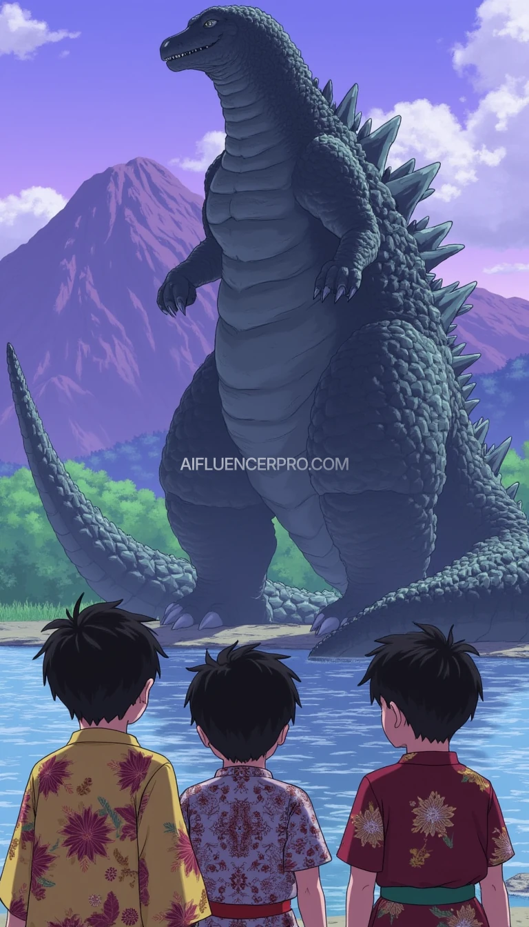 Three boys who look like brothers, wearing clothes like Solo batik, are looking at a big Godzilla. The background is a purplish mountain and a river.