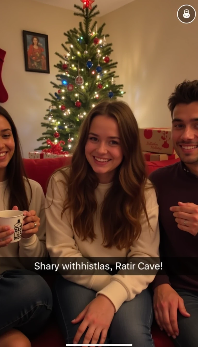 A low-quality Snapchat-style photo from around 2015, capturing a young woman with a warm smile sitting in a cozy living room decorated for Christmas, accompanied by a friend and a male friend beside her. She has soft, wavy brown hair cascading past her shoulders, and the warm glow of Christmas lights and decorations adds a festive touch to the scene. The three friends are smiling and laughing, with one of them holding a mug of hot chocolate. In the background, there’s a decorated Christmas tree with ornaments and twinkling lights, wrapped presents under the tree, and stockings hung nearby. The atmosphere is joyful and cozy, capturing the warmth and excitement of a holiday gathering with friends.