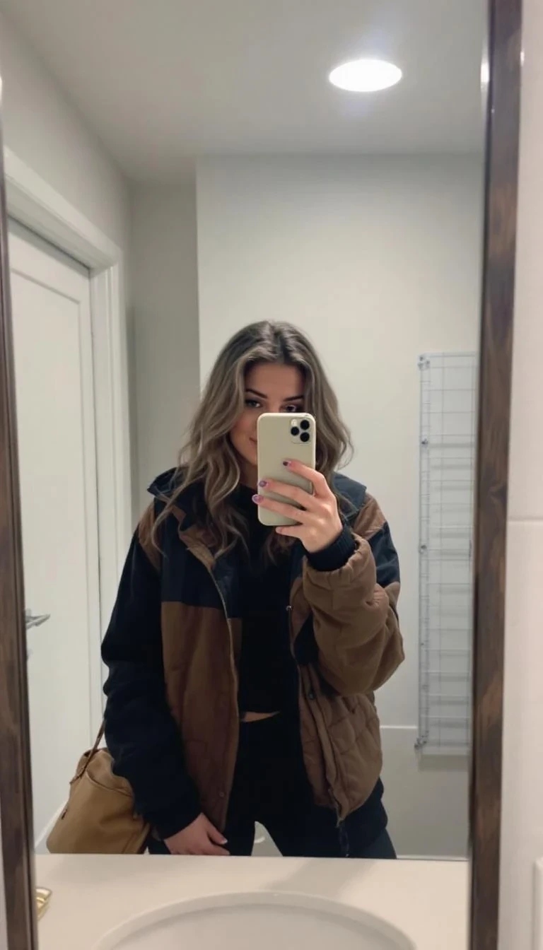 boring low quality snapchat photo circa 2015, cute woman, soft light brown hair, full outfit
