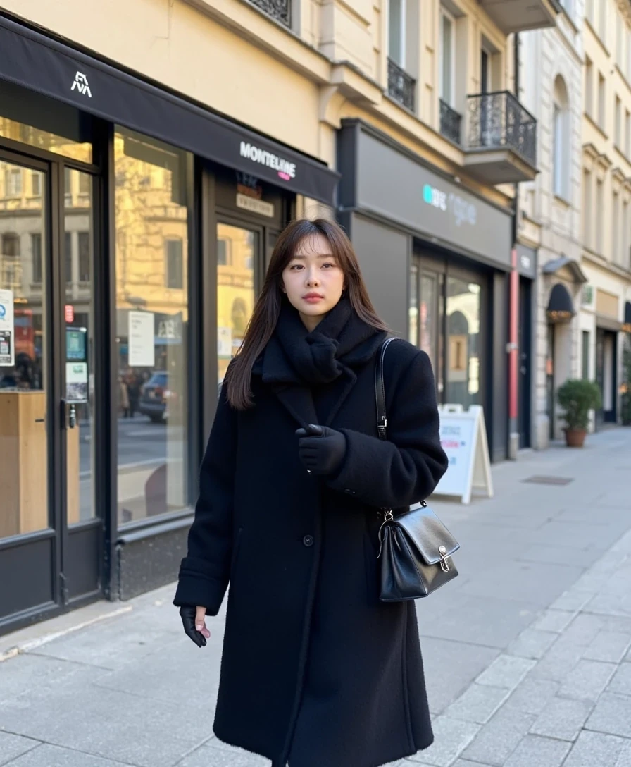 boring, medium shot on an iphone 16 pro. A young Korean woman walking down Avenue Montaigne in Paris, dressed warmly yet stylishly. cloudy weather, overcast cold weather. She wears a luxurious black coat, perhaps made of wool or cashmere, paired with a chic scarf and gloves. Parisian architecture and the sunlight reflect the glamour of the scene. medium shot on an iphone 16 pro. cloudy weather, overcast cold weather.