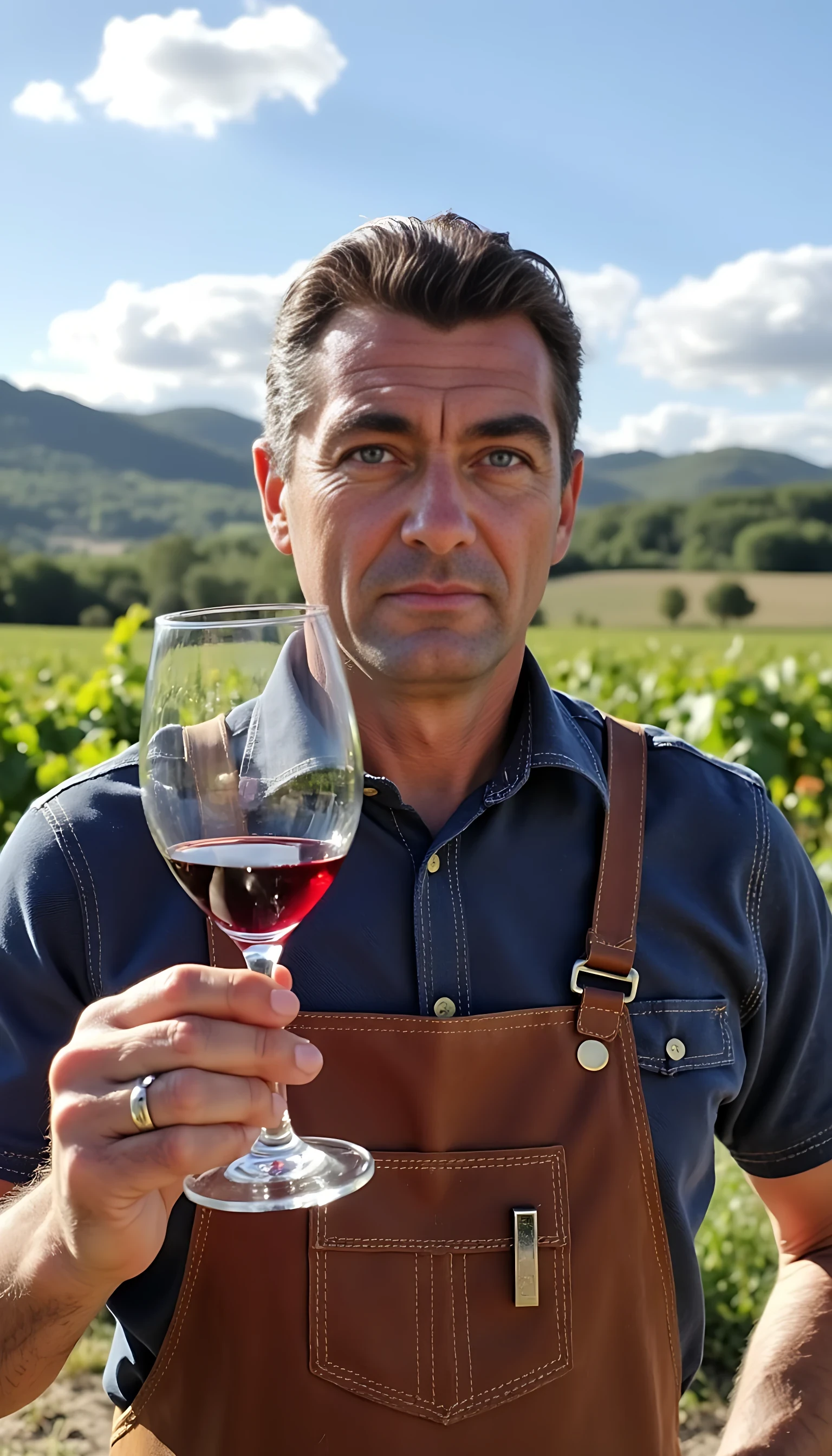 photo is taken in 2020. It's an 8k high quality photo of man CSTMDL, in his forties, black hair with some white hairs due to age, blue eyes. He's holding a glass of red wine in front of his french wineyard situated in Burgundy. He's proud of his product and is wearing some simple winemaker attire with a brown leather apron, but don't forget to be well