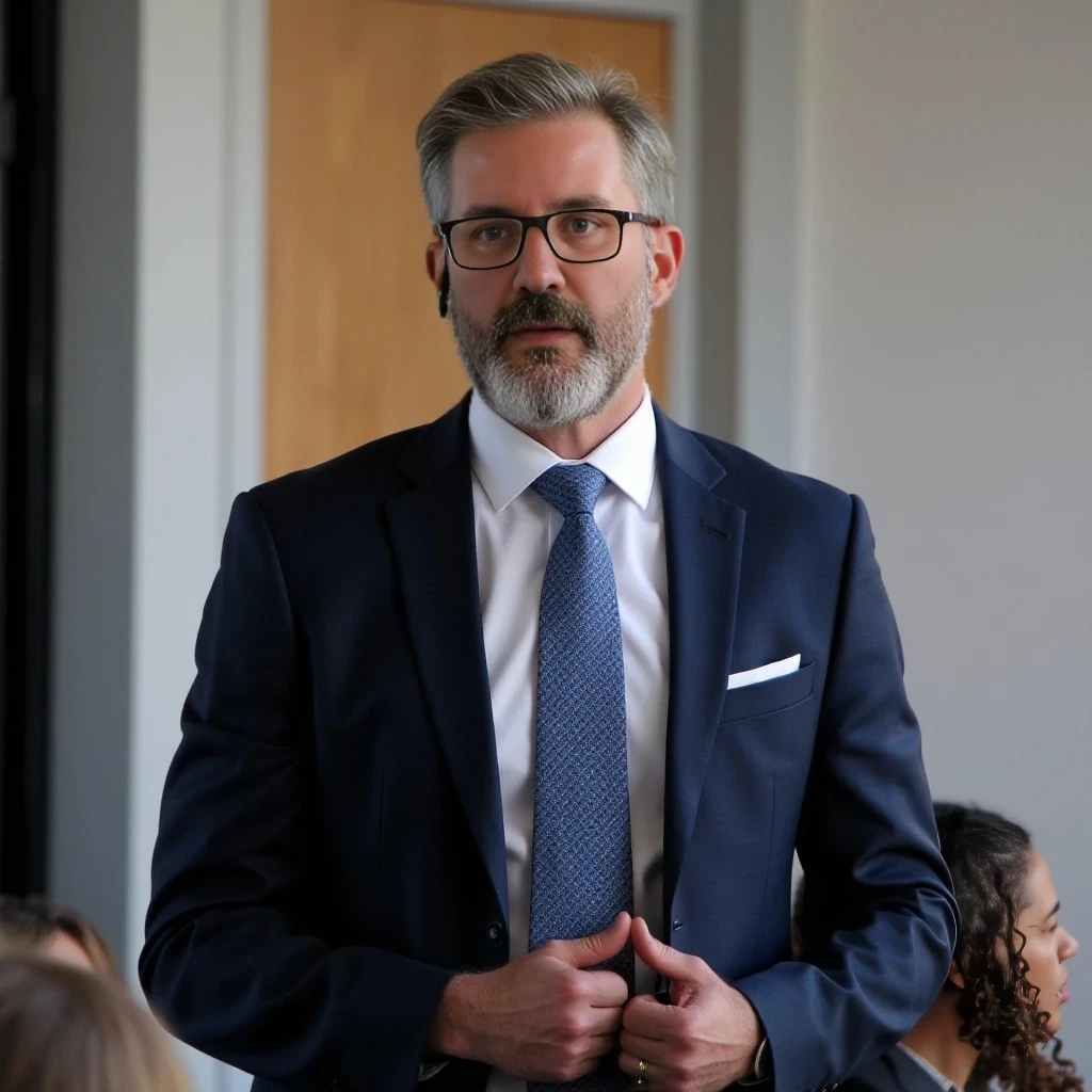 Businessman, very handsome with model-like features, wearing a suit and modern reading glasses. He is slim but muscular, sporting a beard similar to the one in the photo but more neatly groomed. His hair is similar to the photo as well, with both hair and beard being naturally blonde but streaked with noticeable gray. He is standing while giving a conference, wearing a headset microphone.