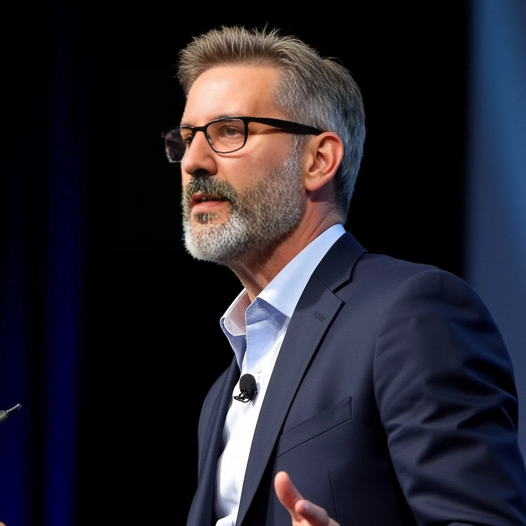 Businessman, very handsome with model-like features, wearing a suit and modern reading glasses. He is slim but muscular, sporting a beard similar to the one in the photo but more neatly groomed. His hair is similar to the photo as well, with both hair and beard being naturally blonde but streaked with noticeable gray. He is standing while giving a conference, wearing a headset microphone.