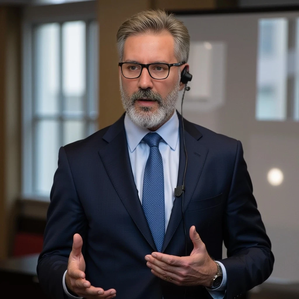 Businessman, very handsome with model-like features, wearing a suit and modern reading glasses. He is slim but muscular, sporting a beard similar to the one in the photo but more neatly groomed. His hair is similar to the photo as well, with both hair and beard being naturally blonde but streaked with noticeable gray. He is standing while giving a conference, wearing a headset microphone.