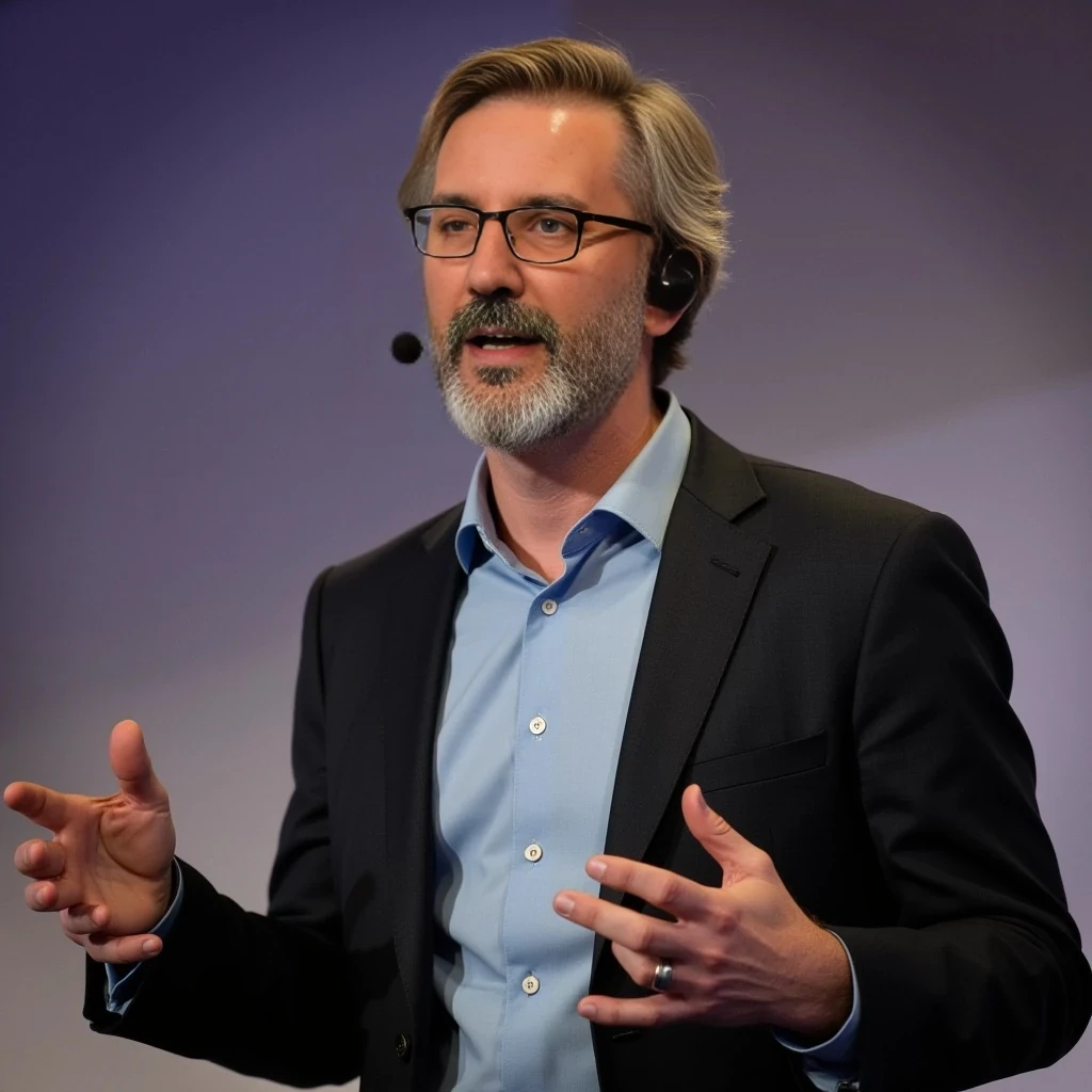 Businessman, very handsome with model-like features, wearing a suit and modern reading glasses. He is slim but muscular, sporting a beard similar to the one in the photo but more neatly groomed. His hair is similar to the photo as well, with both hair and beard being naturally blonde but streaked with noticeable gray. He is standing while giving a conference, wearing a headset microphone.