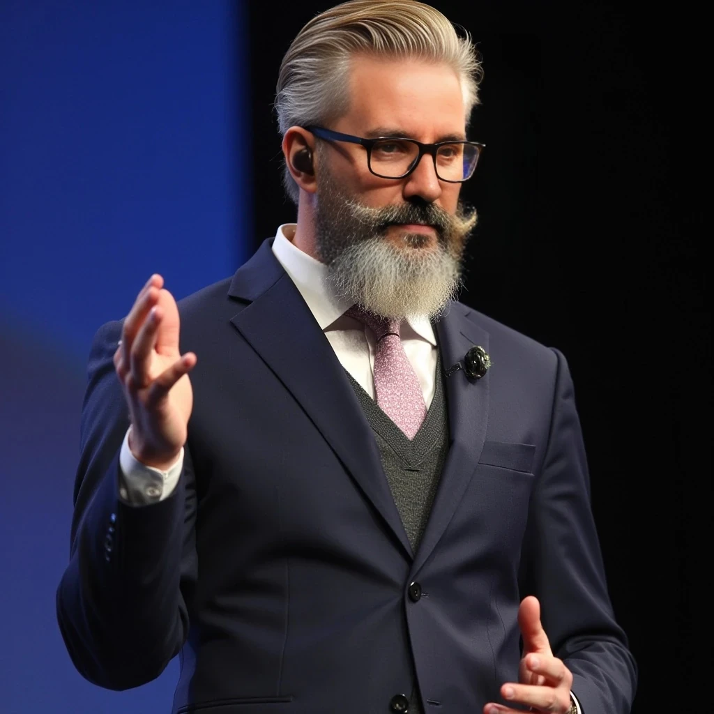 Businessman, very handsome with model-like features, wearing a suit and modern reading glasses. He is slim but muscular, sporting a beard similar to the one in the photo but more neatly groomed. His hair is similar to the photo as well, with both hair and beard being naturally blonde but streaked with noticeable gray. He is standing while giving a conference, wearing a headset microphone.