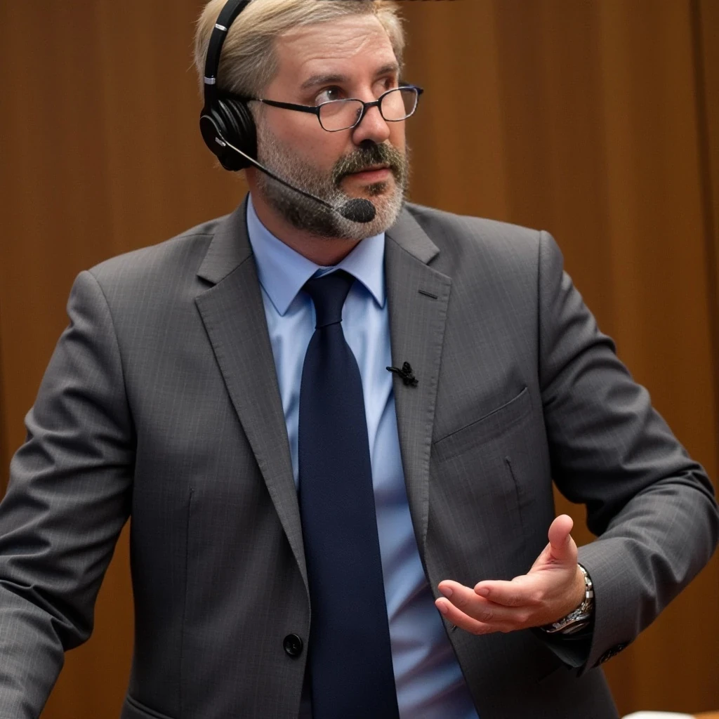 Businessman, very handsome with model-like features, wearing a suit and modern reading glasses. He is slim but muscular, sporting a beard similar to the one in the photo but more neatly groomed. His hair is similar to the photo as well, with both hair and beard being naturally blonde but streaked with noticeable gray. He is standing while giving a conference, wearing a headset microphone.