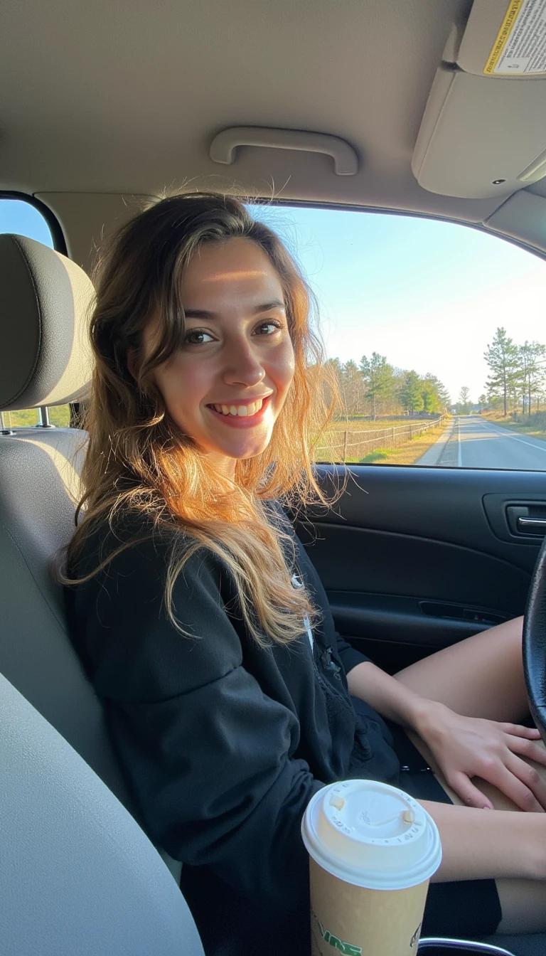 boring low quality snapchat photo circa 2015, A young woman with a warm smile, sitting in the driver's seat of a cozy car. She has soft, wavy brown hair cascading past her shoulders. The sunlight streams through the window, casting a gentle glow on her face. The interior of the car is neat and comfortable, with a coffee cup in the cup holder and a small plant on the dashboard. The background outside the window shows a scenic road lined with trees and blue skies