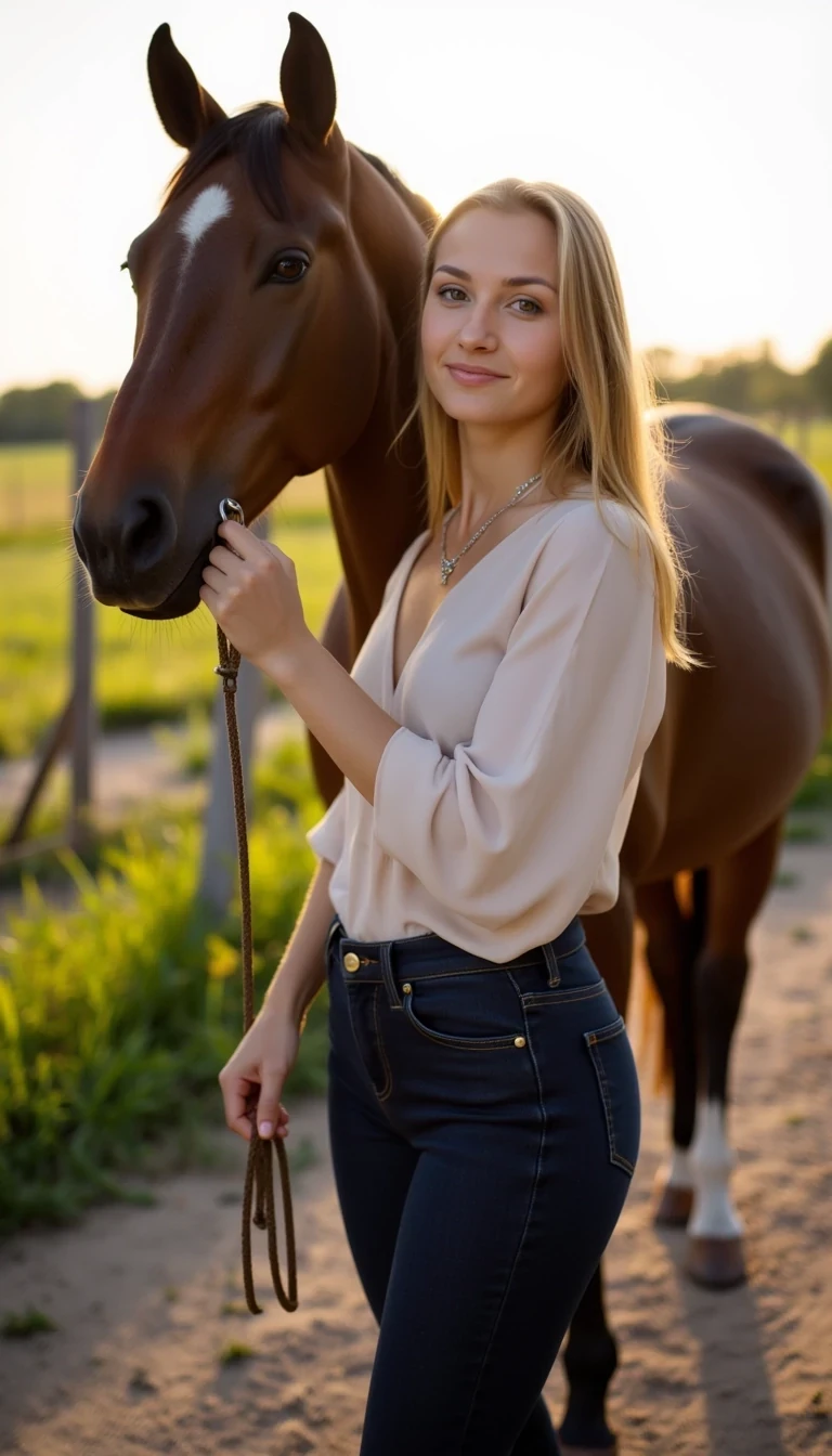 IMG_1578.HEIC
CSTMDL woman outdoors during golden hour, standing beside a dark brown horse on a country trail. She holds the reins gently in one hand and looks toward the camera with a confident, relaxed smile. Her hair moves lightly in the breeze, sunlight creating a soft golden glow on her skin. She’s wearing fitted dark blue jeans and a light, stylish blouse, paired with subtle jewelry — necklace, earrings, and bracelet. The horse’s coat shines under the warm light, background softly blurred with fields and fencing. Natural iPhone-style photo, realistic lighting, influencer vibe, full-body framing showing both woman and horse clearly.
–no airbrushed skin, no plastic shine, no distorted anatomy, no duplicate faces, no studio lighting