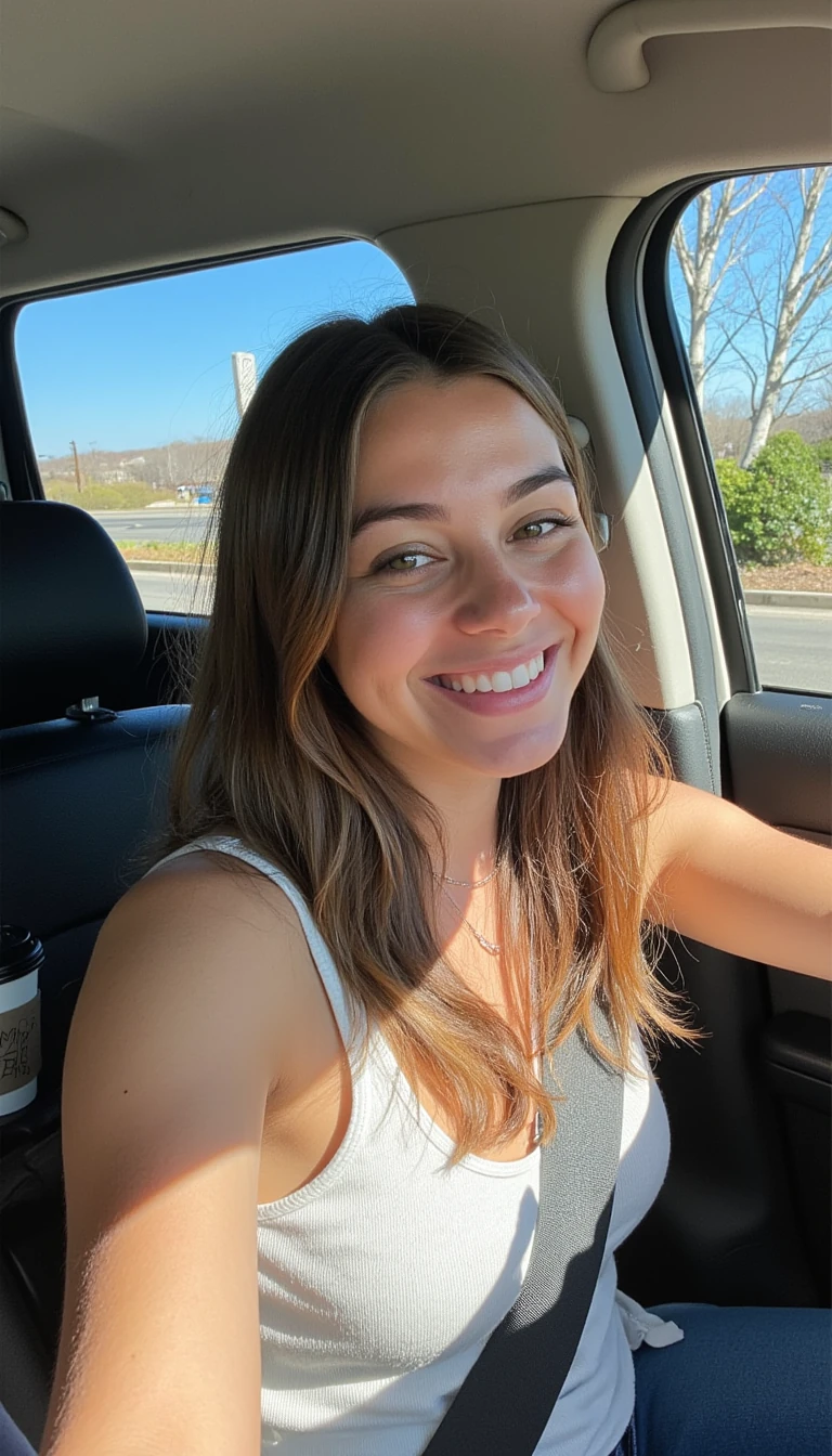 boring low quality snapchat photo circa 2015, A young woman with a warm smile, sitting in the driver's seat of a cozy car. She has soft, wavy brown hair cascading past her shoulders. The sunlight streams through the window, casting a gentle glow on her face. The interior of the car is neat and comfortable, with a coffee cup in the cup holder and a small plant on the dashboard. The background outside the window shows a scenic road lined with trees and blue skies