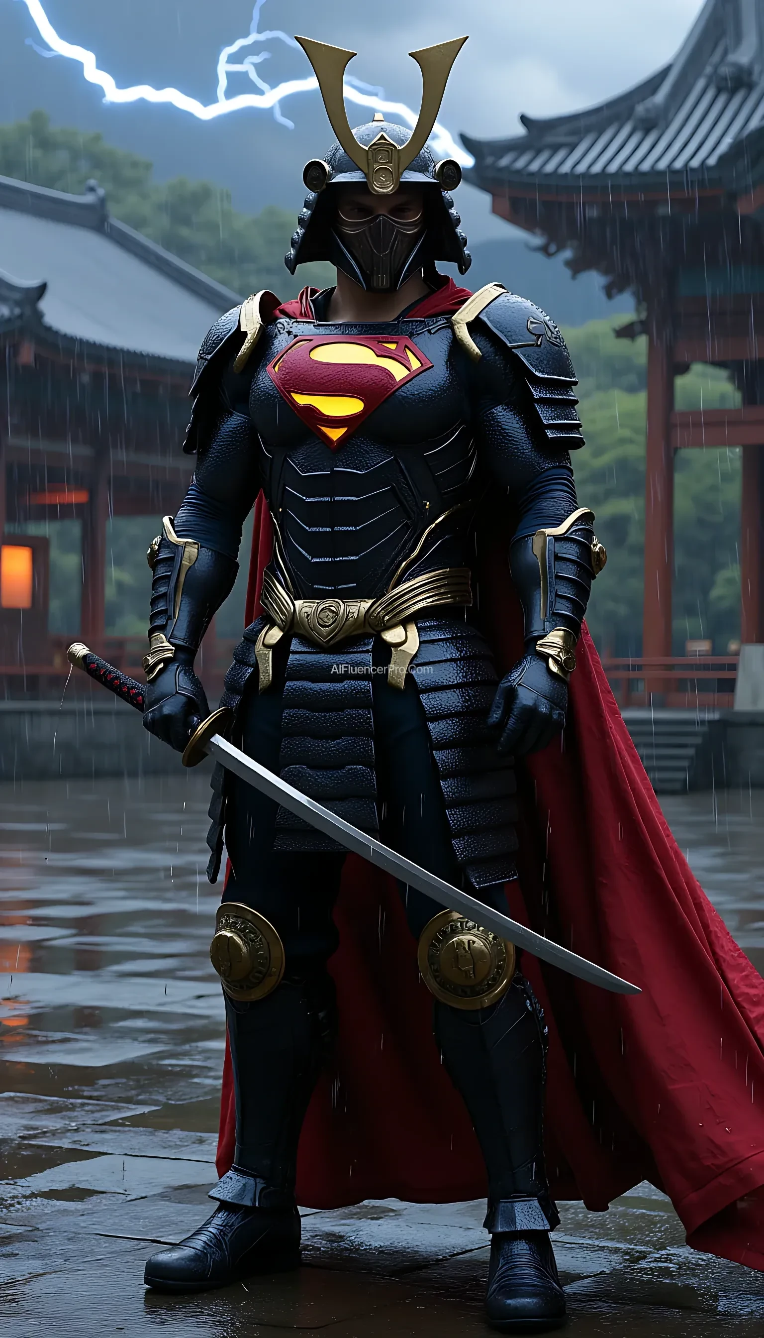A photorealistic Superman wearing a majestic samurai-inspired suit, combining traditional Japanese armor with futuristic design. The samurai armor features intricate, metallic plating, with glowing accents that emphasize the advanced technology within. The iconic 'S' symbol is subtly integrated into the chest plate, radiating an aura of power. He wears a modernized samurai helmet, its sleek lines dripping with rain as water streams down his armor. Superman grips a katana firmly in one hand, the blade shimmering under the pouring rain, while droplets cascade from its edge. The scene is set in an ancient Japanese temple courtyard during a torrential downpour. Thunder rumbles in the distance, and flashes of lightning briefly illuminate the darkened sky. Puddles form on the stone ground, reflecting the temple's towering silhouette. Superman stands poised, his cape soaked and clinging to his body, as he prepares for an intense battle amidst the dramatic, rain-soaked atmosphere.