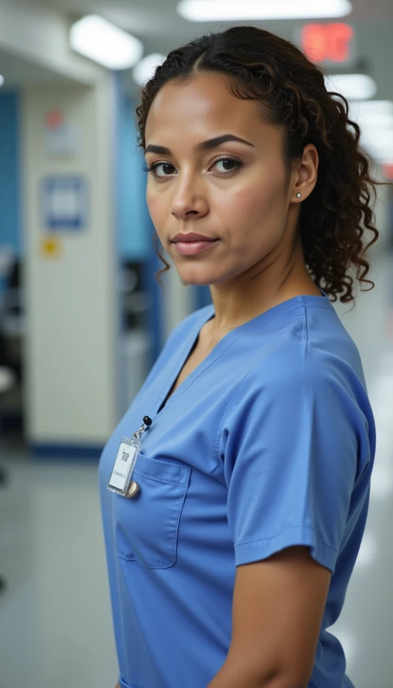 cstmdl. wearing scrubs at hospital. no name tag