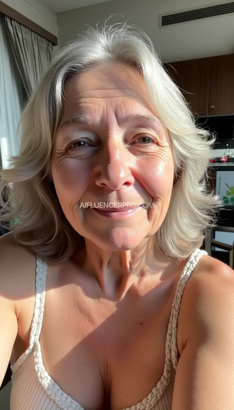 boring low quality snapchat photo circa 2015, a 65 year old granny with a warm hair, sitting in the living room of a villa in Bali. She has soft, wavy grey hair cascading past her shoulders. The sunlight streams through the window, casting a gentle glow on her face. The background outside the window shows a modern open kitchen