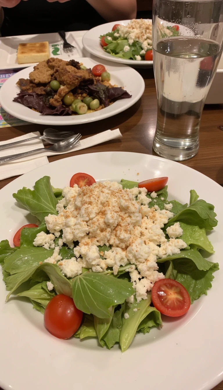 boring low quality snapchat photo circa 2015, this picture is being taken in a restaurant. The picture is of large salad with a glass of water next to it. There are other food dishes and drink glasses on the table as well.  All the food dishes are white.