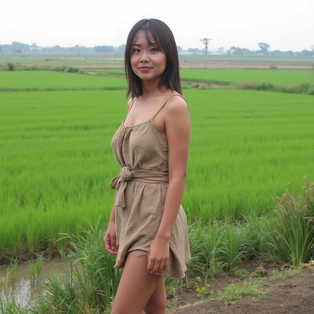 boring low quality snapchat photo circa 2015, very poor asian woman, cute, slim body, dark brown hair, poor girl outfit, barefoot, muddy dress, rice field background, bigger boobs 
