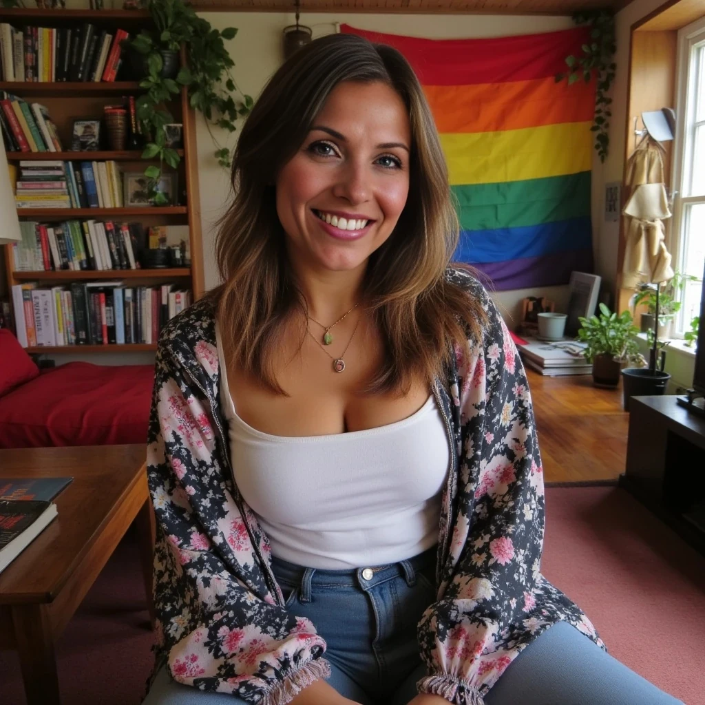 confident, emotionally intelligent, mid-30s, stylish, big firm breasts, 
warm smile, expressive eyes, inclusive fashion (gender-fluid appeal). Background: cozy boho living space with multiple love-related books and pride flag decor