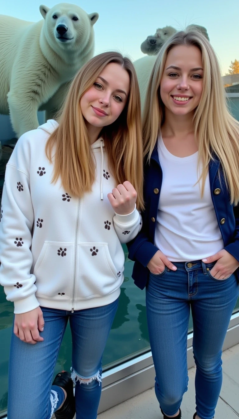 CSTMDL, Medium shot photo with fair skin showing natural texture and faint freckles, slim build, average tits, and long reddish-blonde hair worn loose, posing with one friend at the polar bear exhibit at San Diego Zoo, dressed in a young, vibrant outfit—a bear-printed hoodie in white from sustainable fleece with paw details, paired with jeans and boots. Her posture is enthusiastic, with arms linked, her face beaming with a curious smile directed at the camera. The friend, a freckled blonde with pale skin and a petite build, wears a blue jacket and grins. The background features a glass fence with polar bears swimming, with late afternoon light at 05:14 PM PDT adding a cool glow, next to a femal freind with shirt and pants on tall and dark skin 