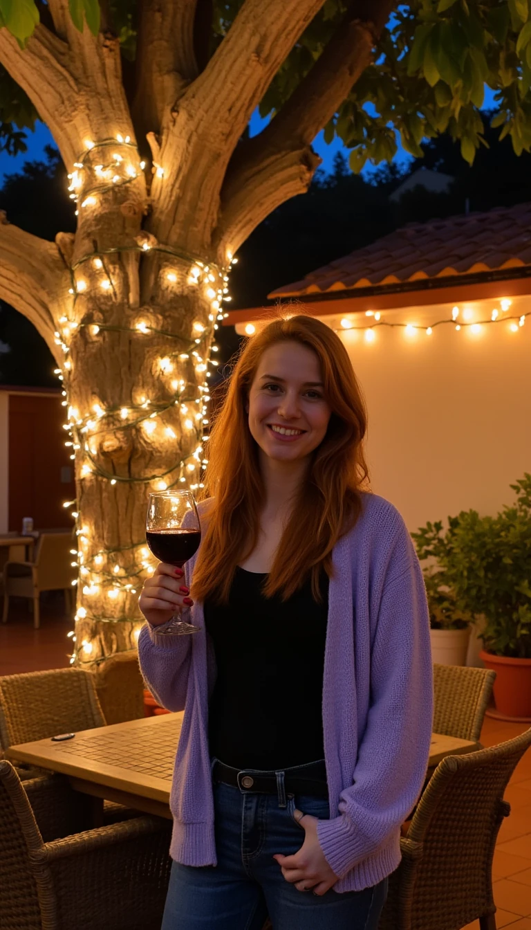 A full body shot photo of a woman standing outdoors at a cozy, warmly lit patio in the evening, with soft, glowing lights wrapped around a tree behind them creating a charming atmosphere. The image is rich in detail, with warm tones and clear textures throughout. The woman has fair skin, a slim build, and long reddish-blonde hair, also worn loose. She is smiling warmly at the camera, holding a glass of red wine in her right hand, and wears a soft-textured lavender cardigan over a black top. The background features a large tree with sparkling string lights wrapped around its trunk and branches, adding a magical touch to the scene. The setting suggests a private outdoor seating area, with elements like terracotta-tiled roofing, greenery, and rattan chairs contributing to a serene, inviting vibe. The overall composition is balanced, with the woman framed against the softly glowing tree, and the lighting enhances the warm, intimate feel of a quiet evening shared among friends. The details are vivid, with textures of clothing, skin, and background elements clearly visible, while the warm lighting creates a relaxed and joyful mood