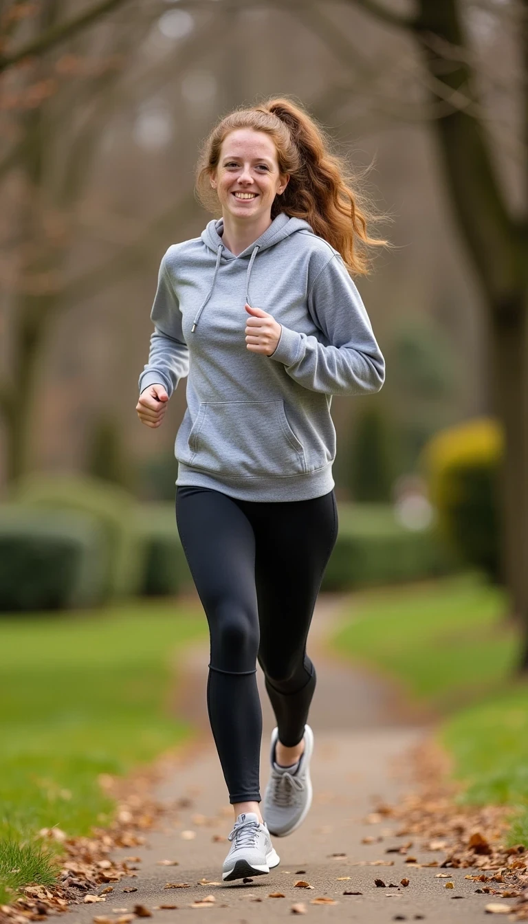 photo of high school woman CSTMDL, wearing yoga pants and a sweatshirt, jogging in the park