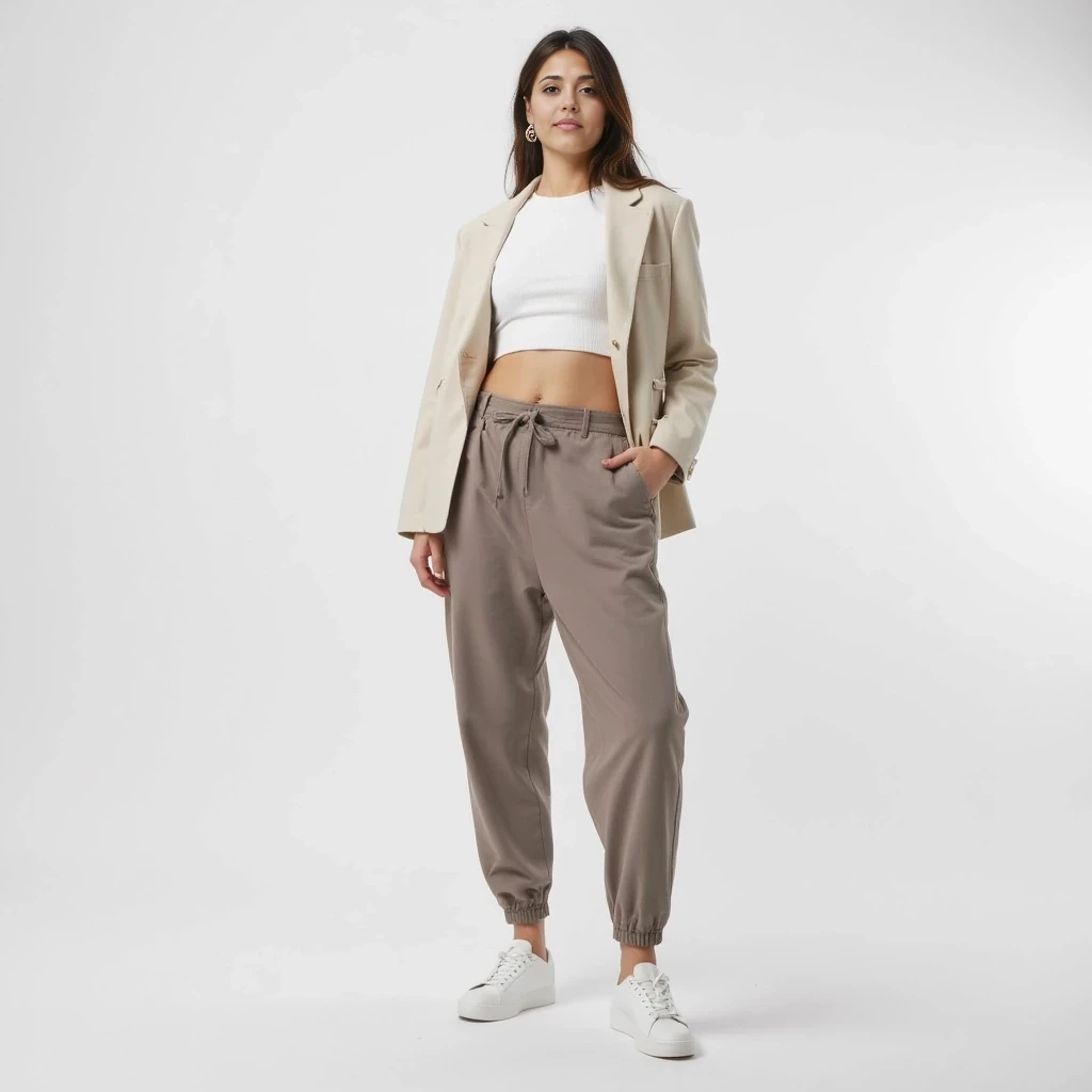 She is wearing a stylish and minimal outfit that blends elegance and sporty vibes: a fitted white ribbed crop top under a light beige oversized blazer, paired with high-waisted taupe leggings or slim tailored joggers. On her feet, she has sleek white sneakers. Accessories include small gold hoop earrings and a simple watch. The outfit is monochrome and clean, with a soft neutral color palette. The look is polished but relaxed, ideal for a modern, confident lifestyle.

