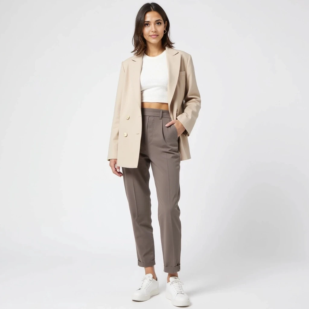 She is wearing a stylish and minimal outfit that blends elegance and sporty vibes: a fitted white ribbed crop top under a light beige oversized blazer, paired with high-waisted taupe leggings or slim tailored joggers. On her feet, she has sleek white sneakers. Accessories include small gold hoop earrings and a simple watch. The outfit is monochrome and clean, with a soft neutral color palette. The look is polished but relaxed, ideal for a modern, confident lifestyle.

