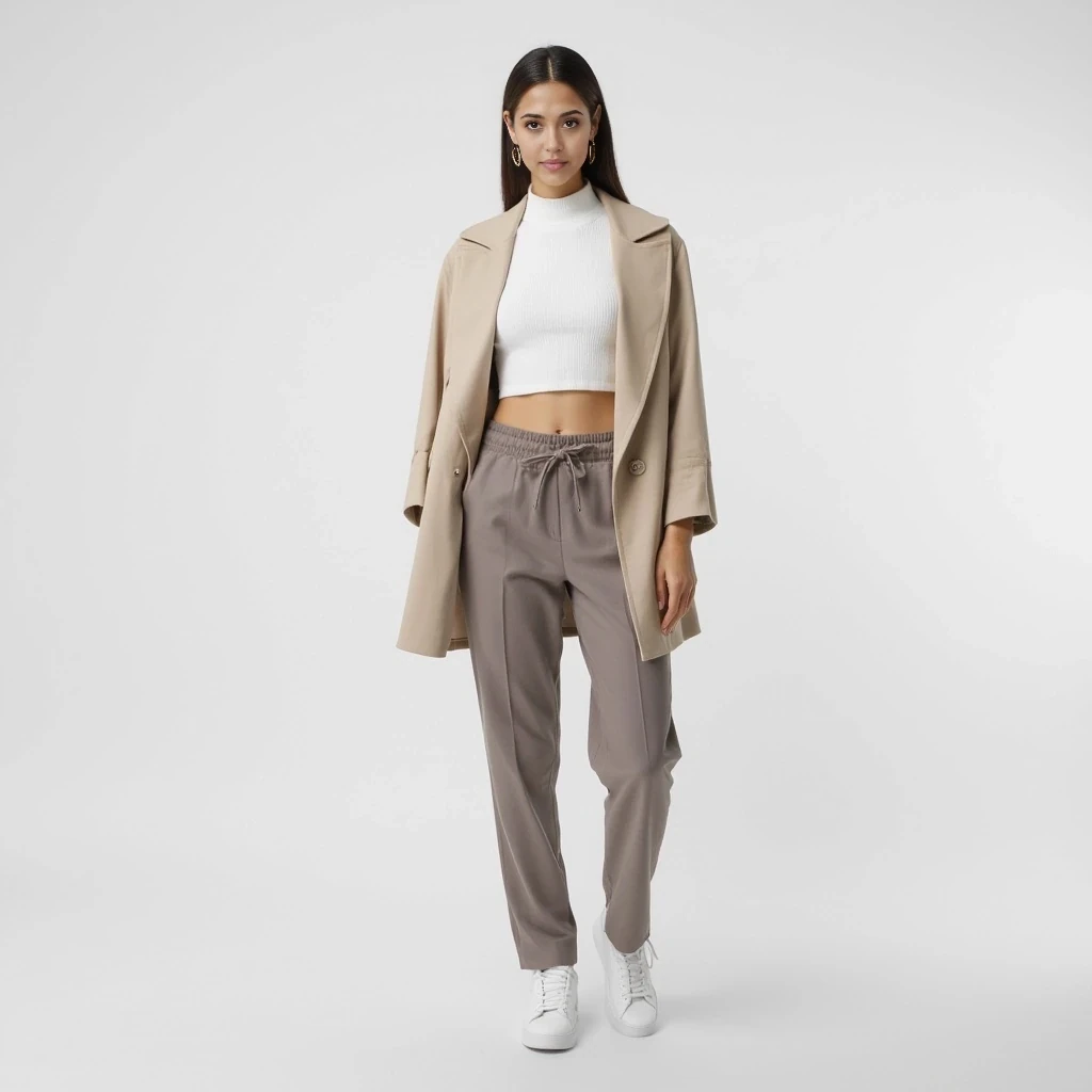 She is wearing a stylish and minimal outfit that blends elegance and sporty vibes: a fitted white ribbed crop top under a light beige oversized blazer, paired with high-waisted taupe leggings or slim tailored joggers. On her feet, she has sleek white sneakers. Accessories include small gold hoop earrings and a simple watch. The outfit is monochrome and clean, with a soft neutral color palette. The look is polished but relaxed, ideal for a modern, confident lifestyle.

