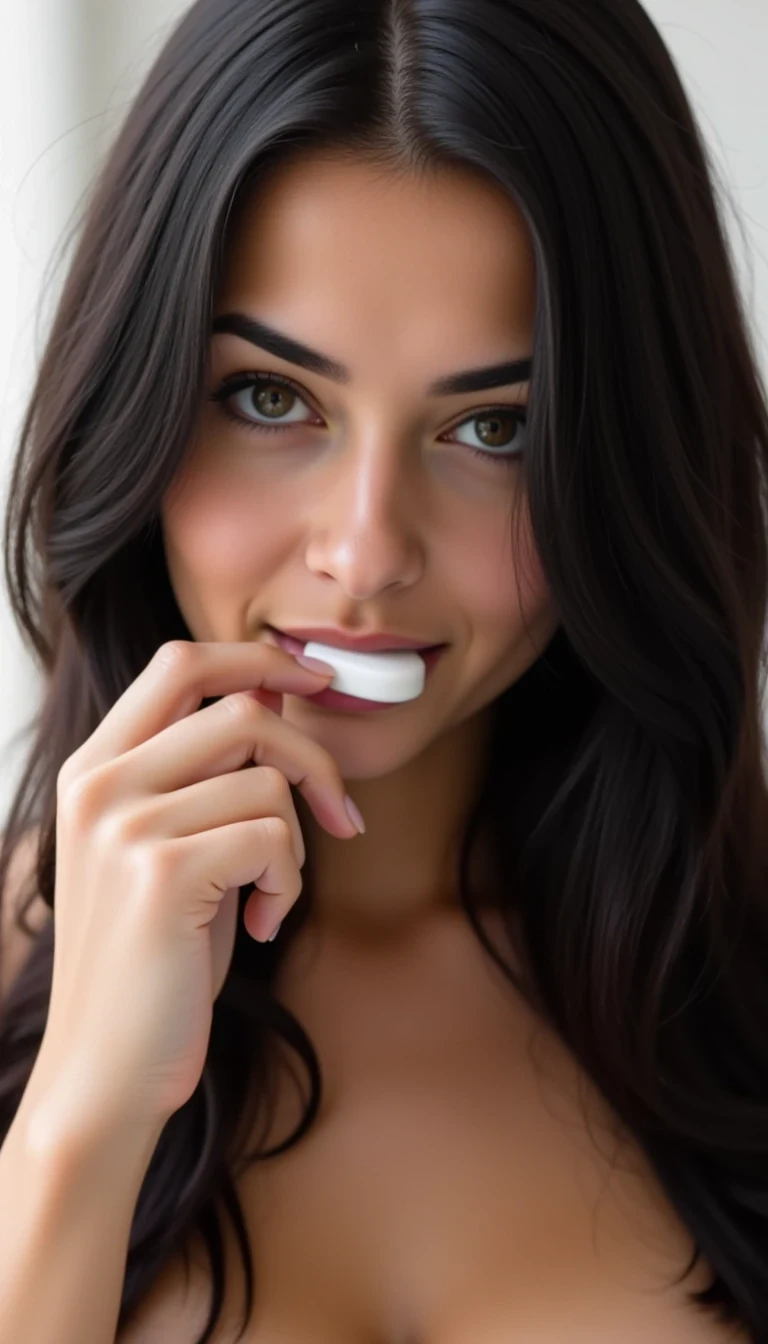 photo of woman CSTMDL, long black hair, holding a vibrator up to her lips