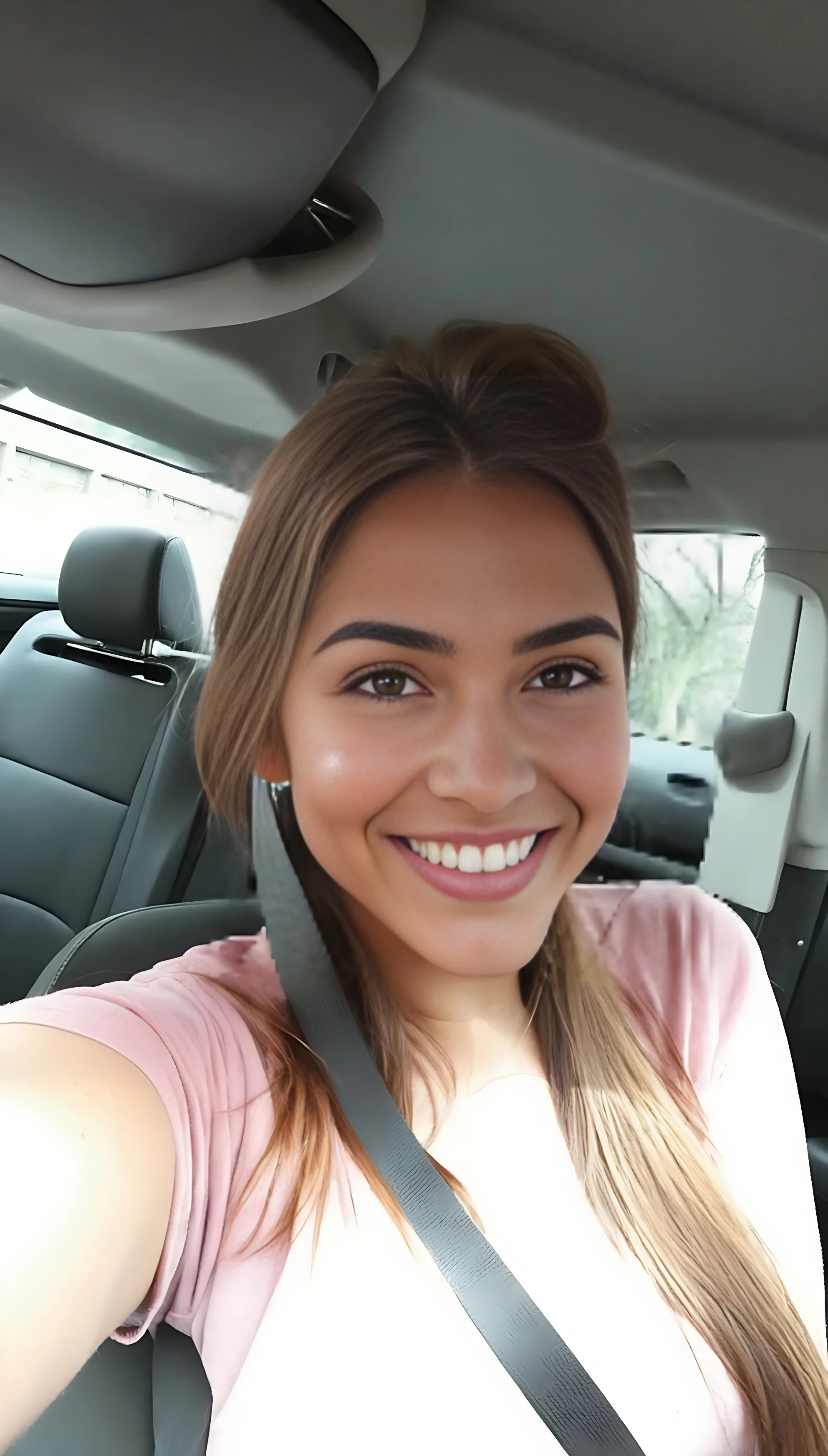 photo of woman CSTMDL, in a car, with her head tilted smiling in the camera, photo made with selfie mode on smartphone