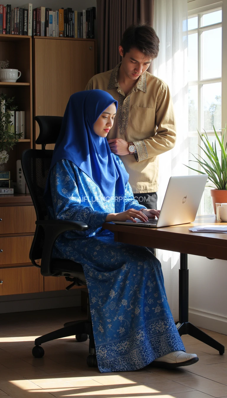 A 4K digital painting in (best quality a hyper-realistic) style depicting a young couple in a modern workspace. (The woman), wearing an elegant (bright blue batik robe, "Sogan Batik") sits in an ergonomic chair while focusing on her laptop. (Her long blue hijab was neatly tucked back) , with the light from the laptop screen softly illuminating her face. (The man, "wearing a light brown batik shirt "Sogan Batik" with black), stood behind her while gently holding the collar of her robe, his expression calm but protective. The room has an elegant minimalist design, with large windows that let in natural light, a bookshelf full of books, and a work desk filled with papers and cups of coffee. The atmosphere is warm, professional and intimate, with attention to detail in texture and lighting. Sharp focus. HD. 8K. 32K